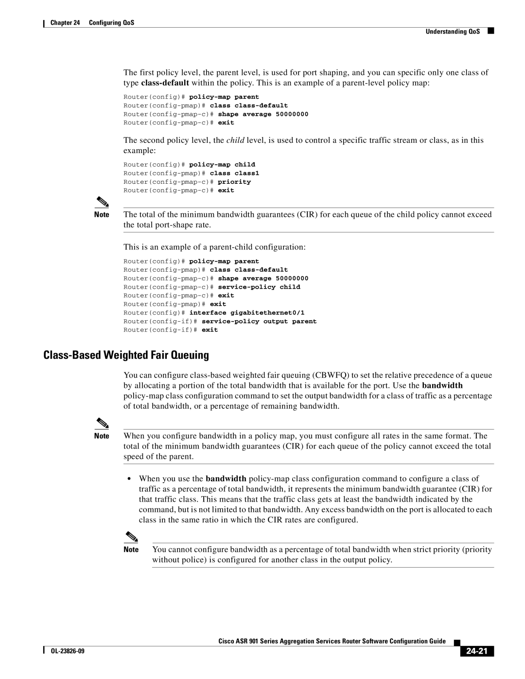 Cisco Systems A9014CFD manual Class-Based Weighted Fair Queuing, This is an example of a parent-child configuration, 24-21 