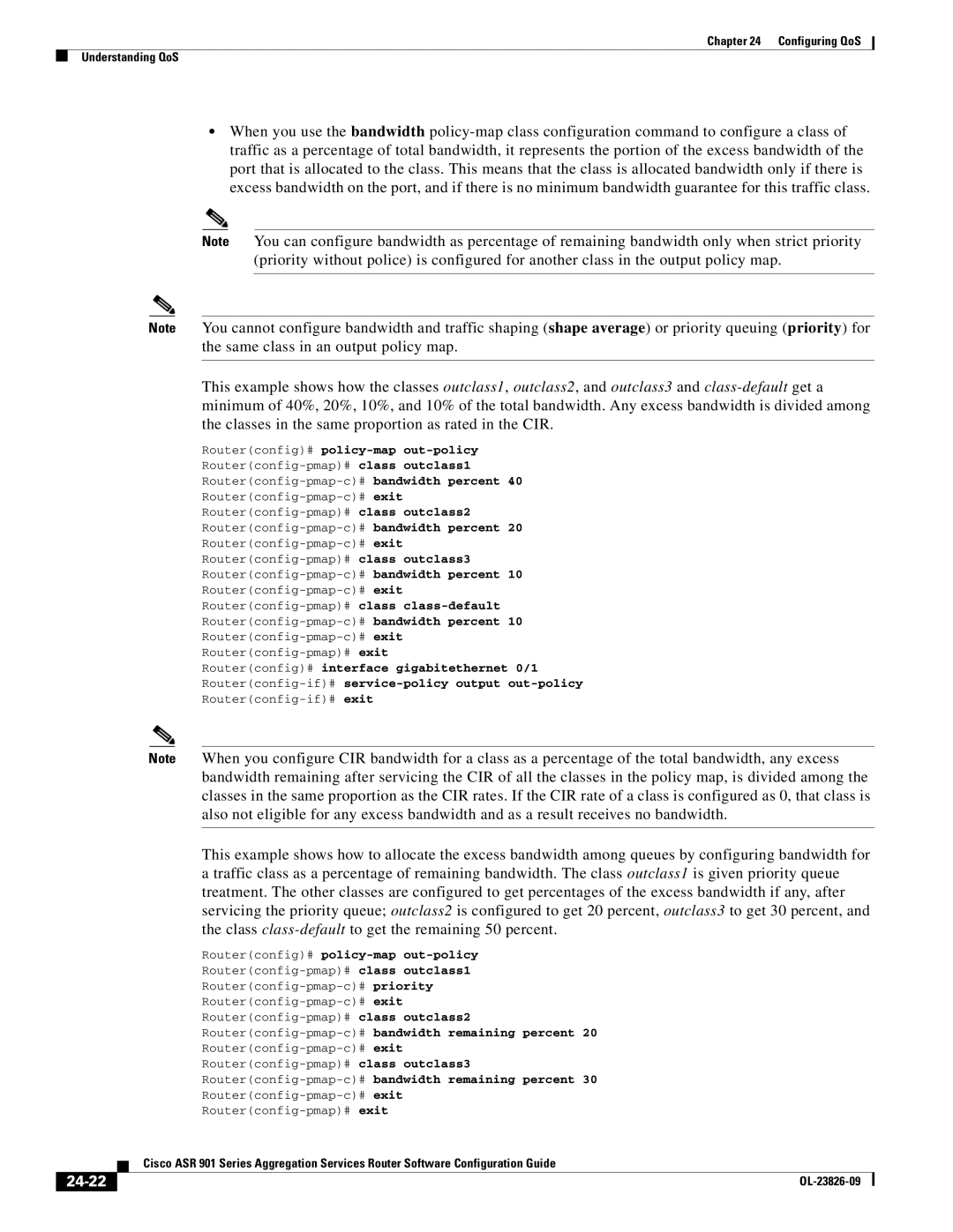 Cisco Systems A9014CFD manual 24-22, Routerconfig-pmap-c#bandwidth remaining percent 