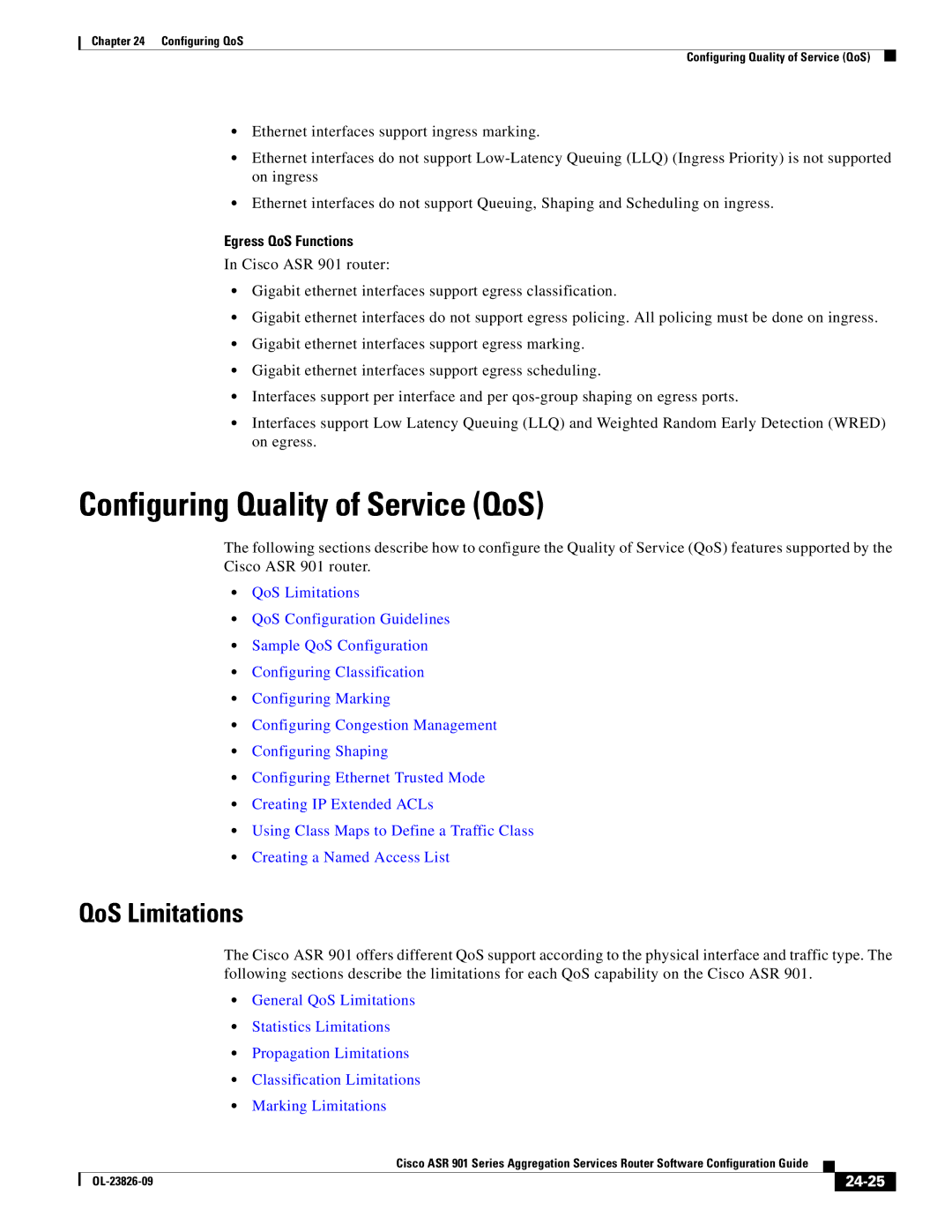 Cisco Systems A9014CFD manual Configuring Quality of Service QoS, QoS Limitations, Egress QoS Functions, 24-25 