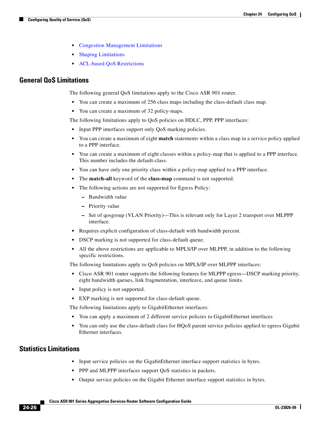 Cisco Systems A9014CFD manual General QoS Limitations, Statistics Limitations, 24-26 