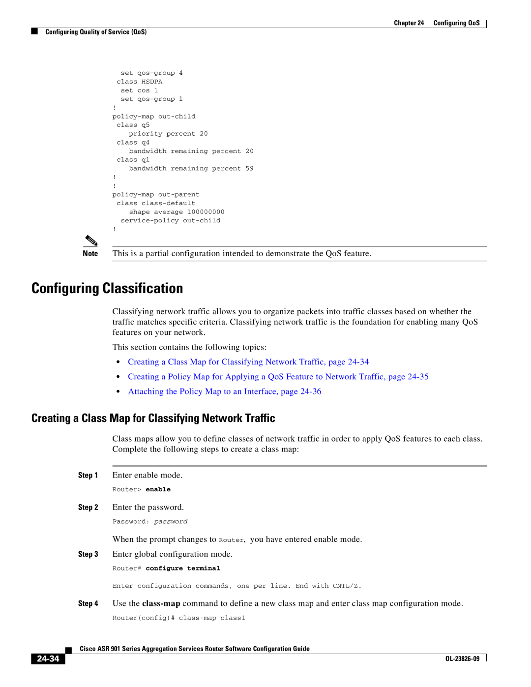 Cisco Systems A9014CFD manual Configuring Classification, Creating a Class Map for Classifying Network Traffic, 24-34 