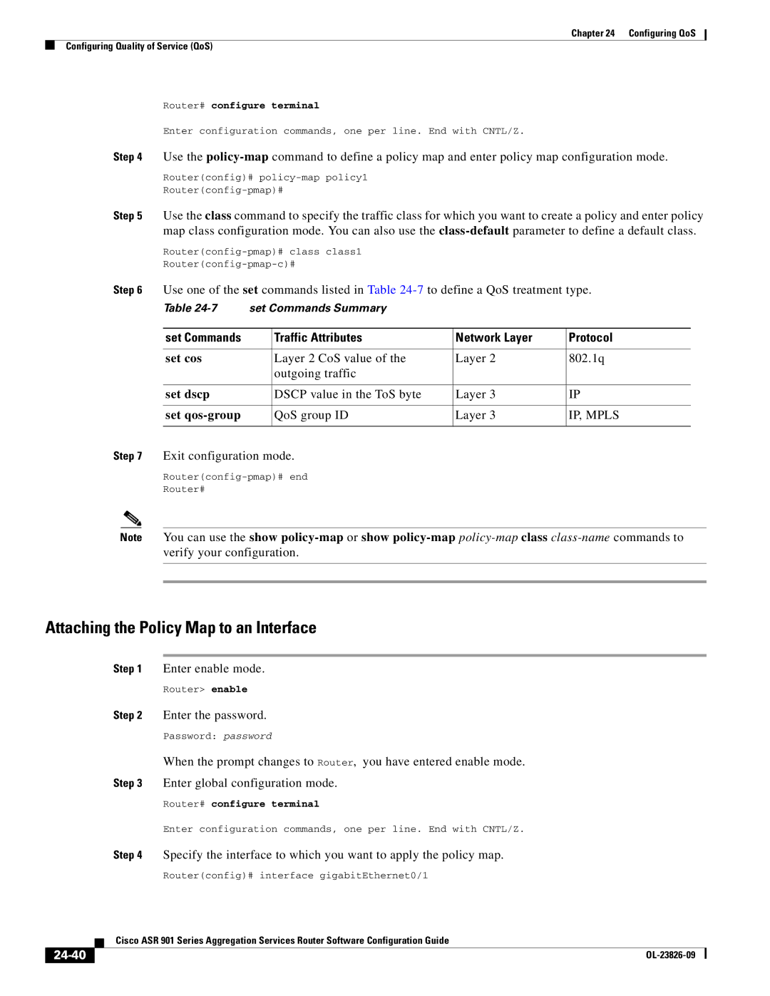 Cisco Systems A9014CFD manual Traffic Attributes Network Layer Protocol, Set cos, Set dscp, Set qos-group, 24-40 