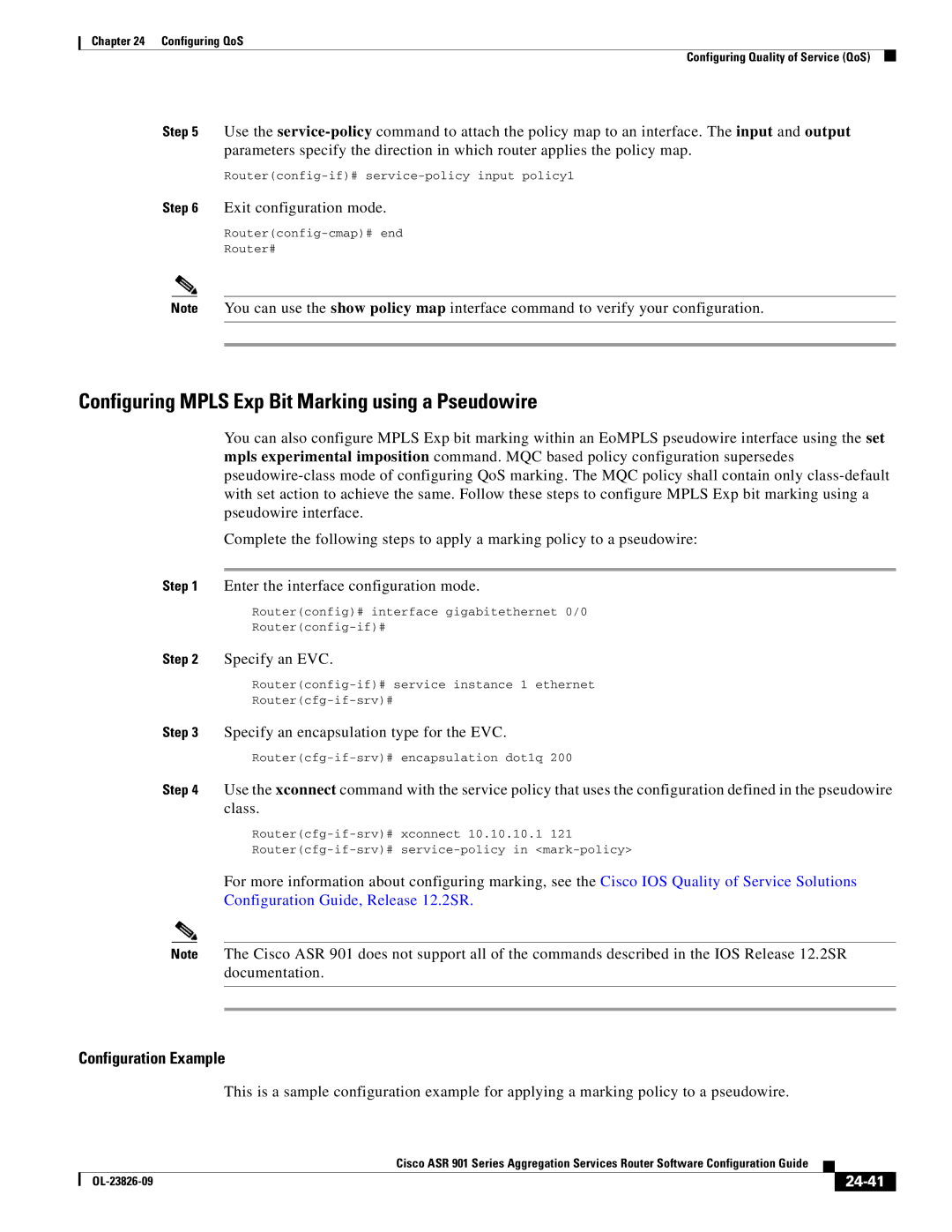 Cisco Systems A9014CFD manual Configuring Mpls Exp Bit Marking using a Pseudowire, Specify an EVC, 24-41 