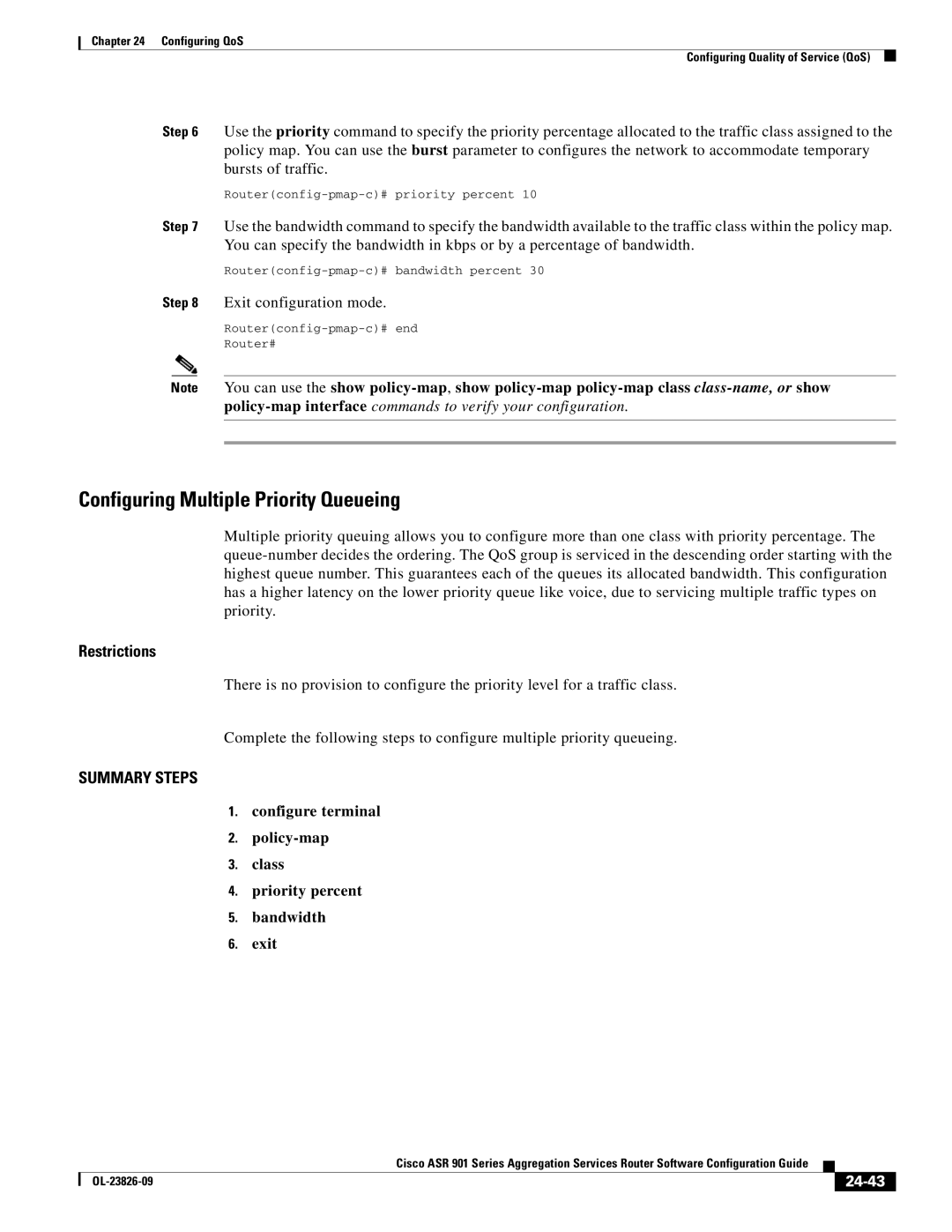 Cisco Systems A9014CFD Configuring Multiple Priority Queueing, Policy-map interface commands to verify your configuration 