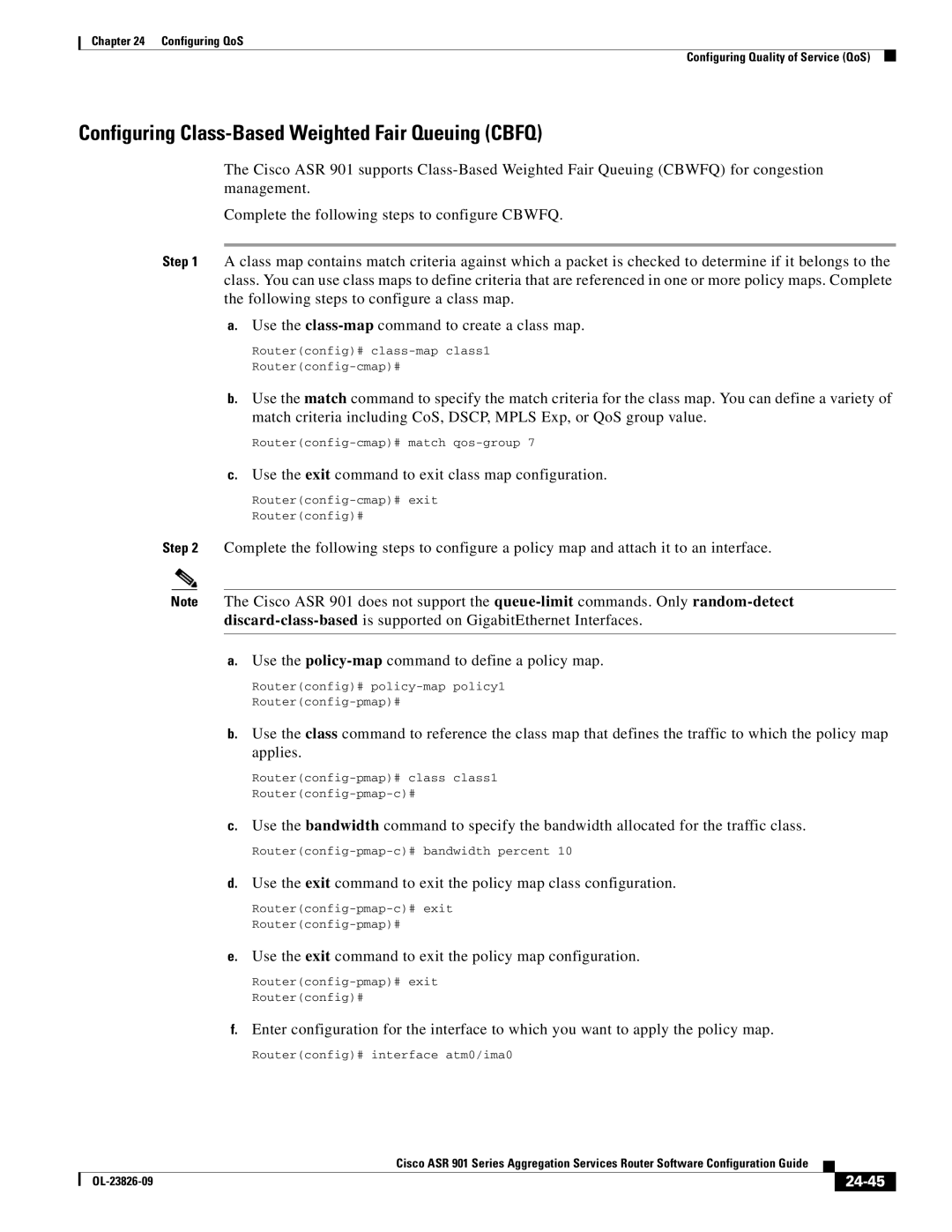 Cisco Systems A9014CFD manual Configuring Class-Based Weighted Fair Queuing Cbfq, 24-45 