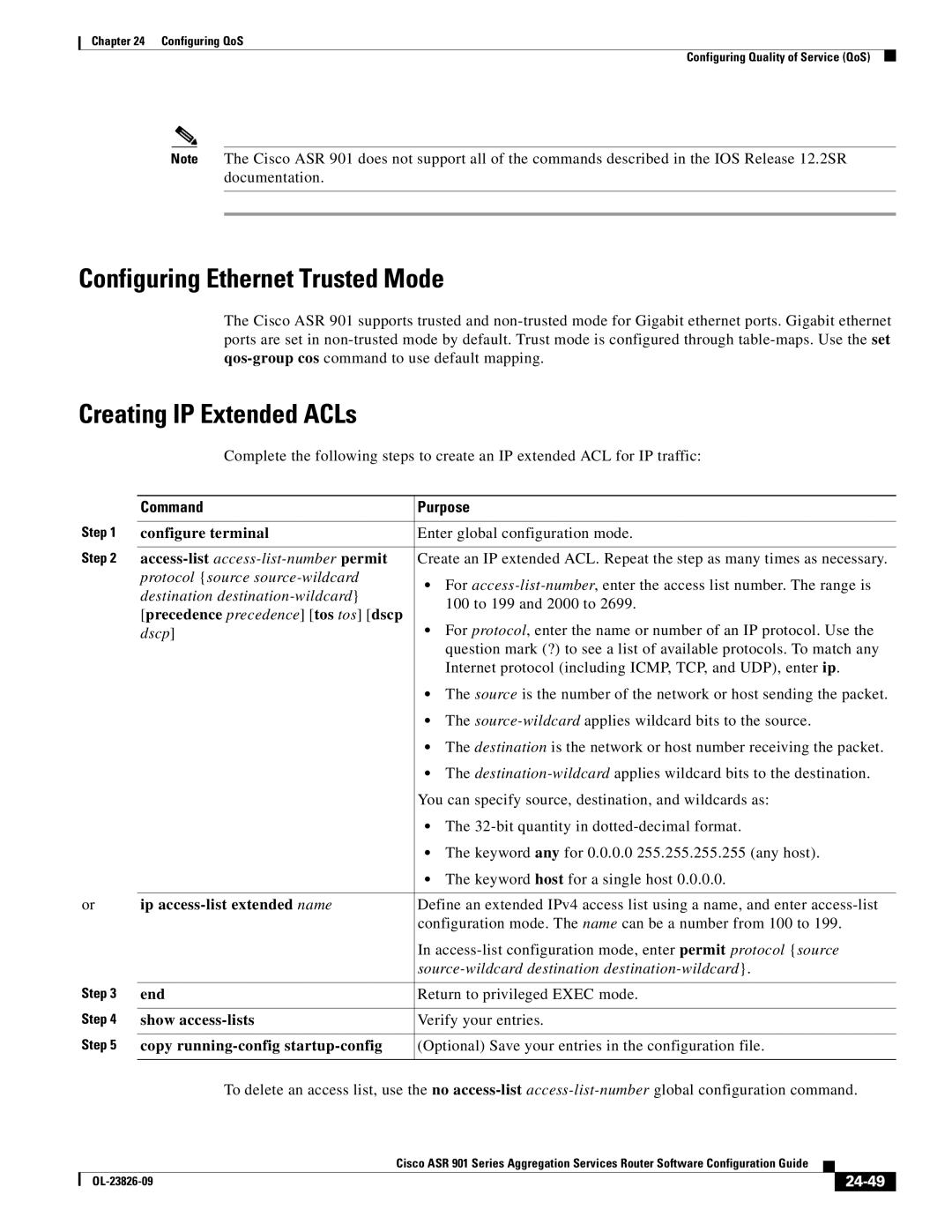 Cisco Systems A9014CFD manual Configuring Ethernet Trusted Mode, Creating IP Extended ACLs, 24-49 