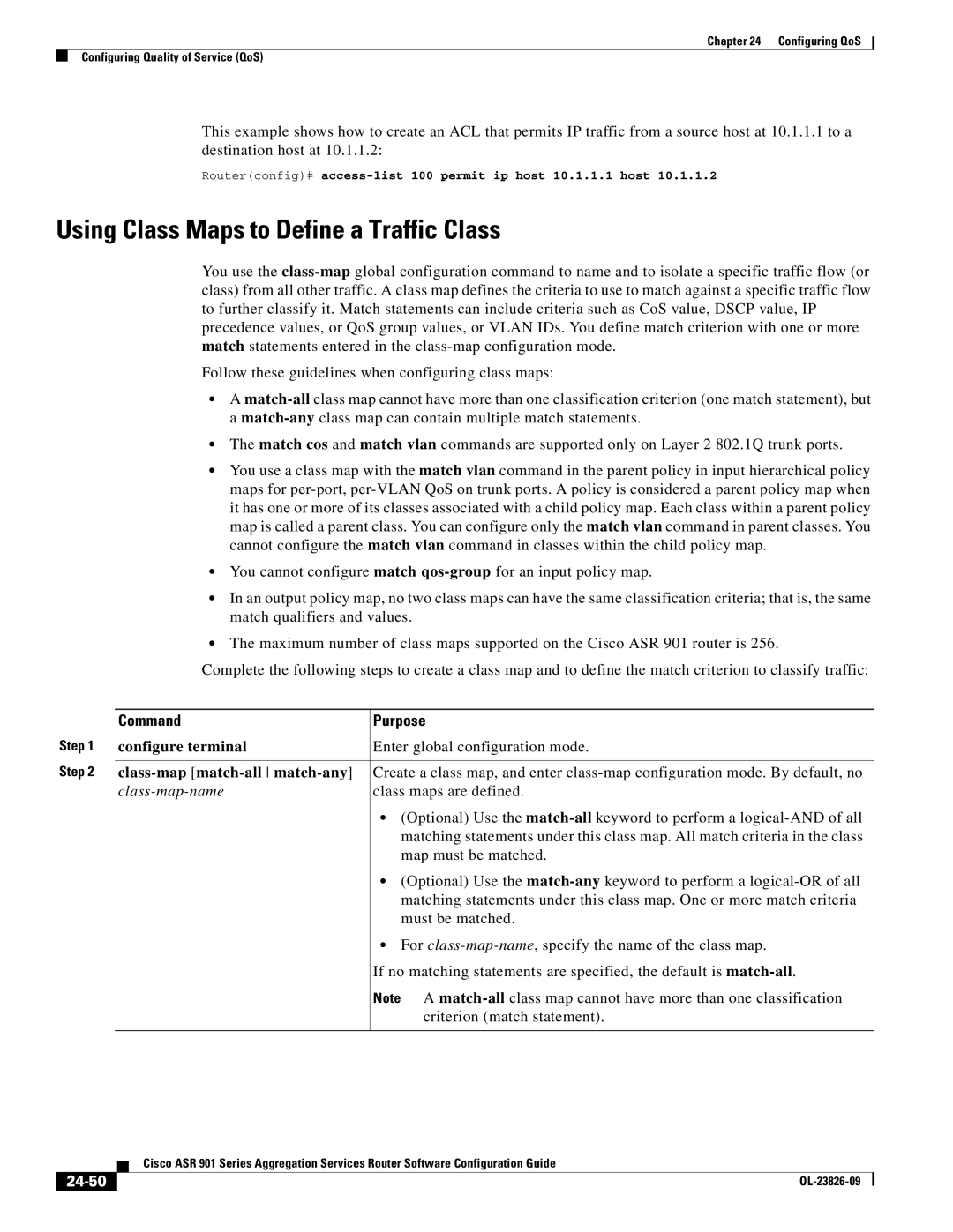 Cisco Systems A9014CFD Using Class Maps to Define a Traffic Class, Class-map match-all match-any, Class-map-name, 24-50 