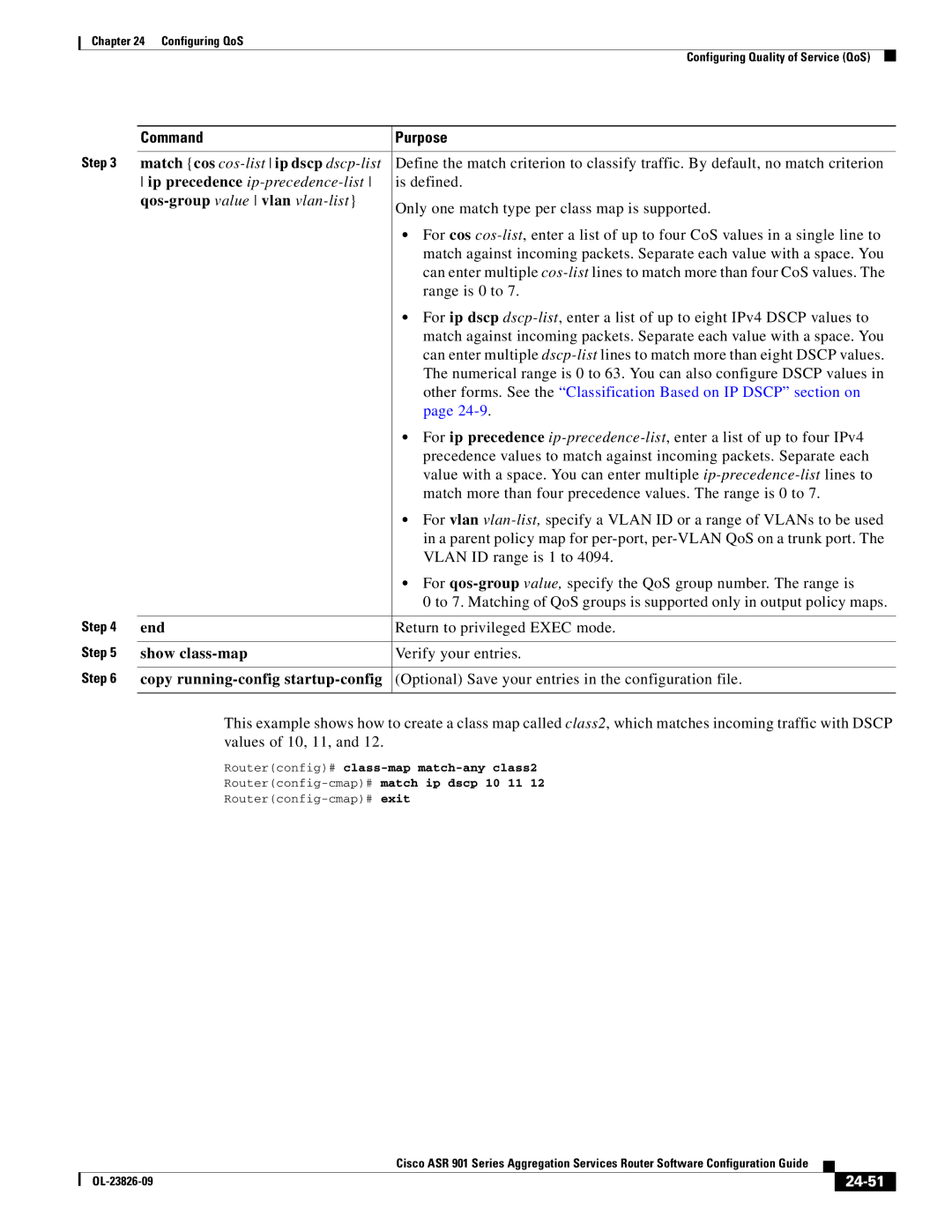 Cisco Systems A9014CFD manual Match cos cos-list ip dscp dscp-list, Ip precedence ip-precedence-list, Show class-map, 24-51 