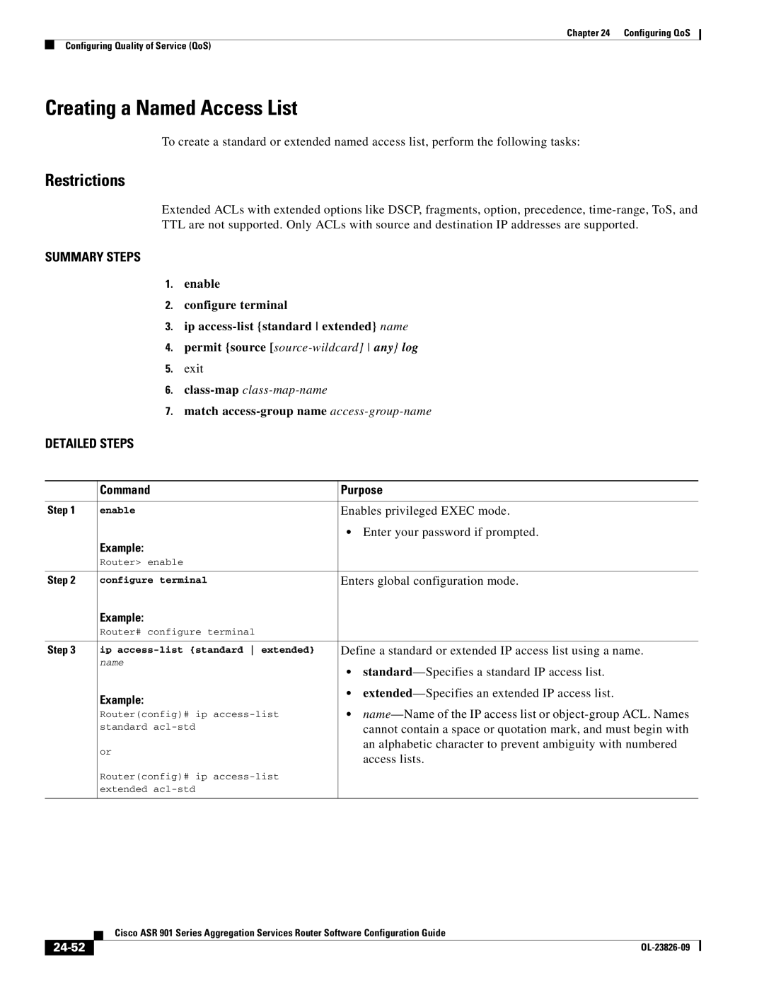 Cisco Systems A9014CFD Creating a Named Access List, Permit source source-wildcard any log, Class-mapclass-map-name, 24-52 