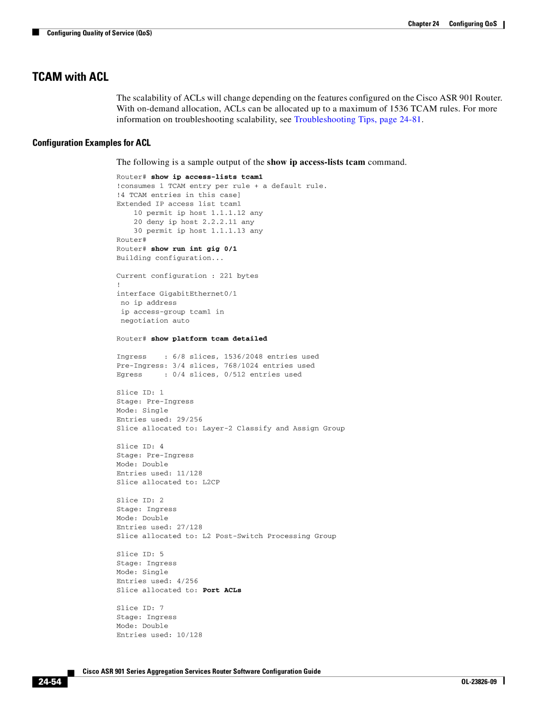 Cisco Systems A9014CFD manual Tcam with ACL, 24-54, Router# show ip access-lists tcam1, Router# show run int gig 0/1 