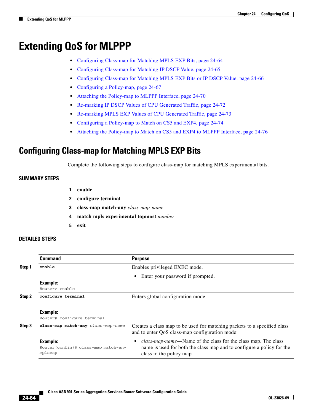 Cisco Systems A9014CFD Extending QoS for Mlppp, Configuring Class-map for Matching Mpls EXP Bits, Class in the policy map 