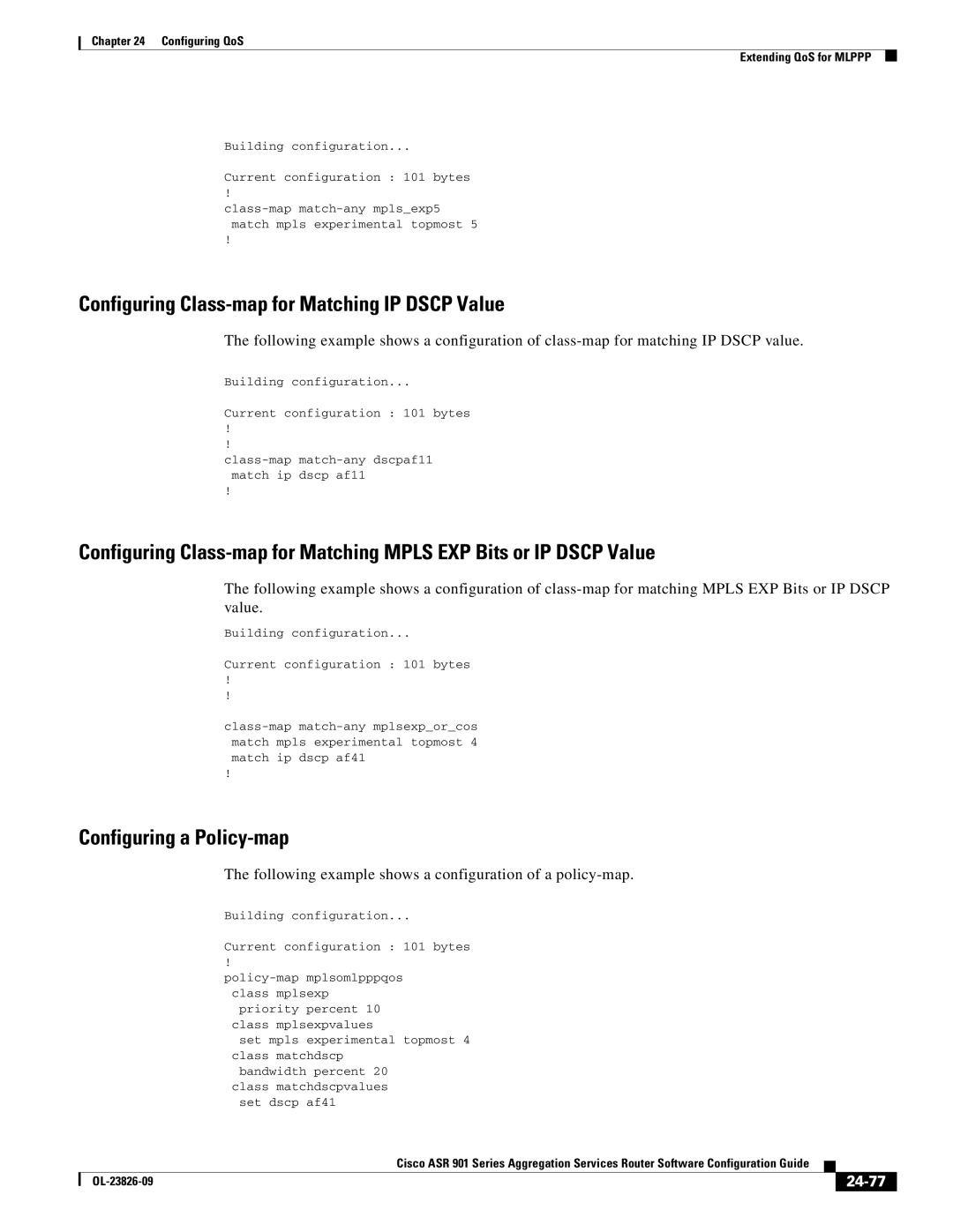 Cisco Systems A9014CFD manual Configuring Class-map for Matching IP Dscp Value, Configuring a Policy-map, 24-77 