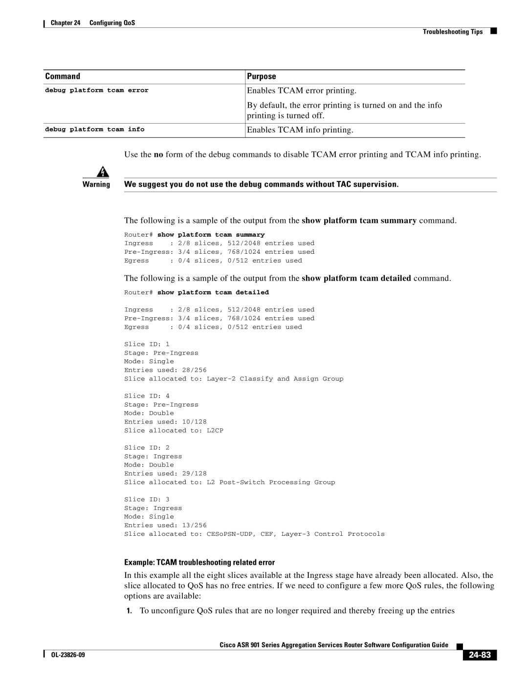 Cisco Systems A9014CFD manual Example Tcam troubleshooting related error, 24-83 