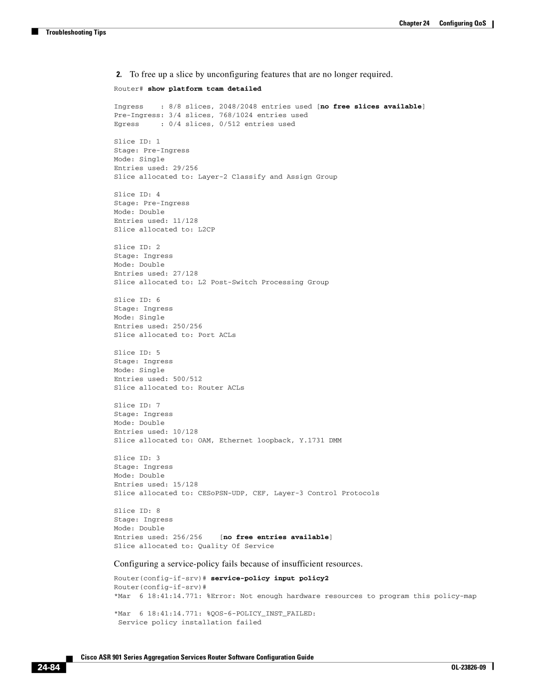 Cisco Systems A9014CFD manual 24-84, Entries used 256/256 no free entries available 