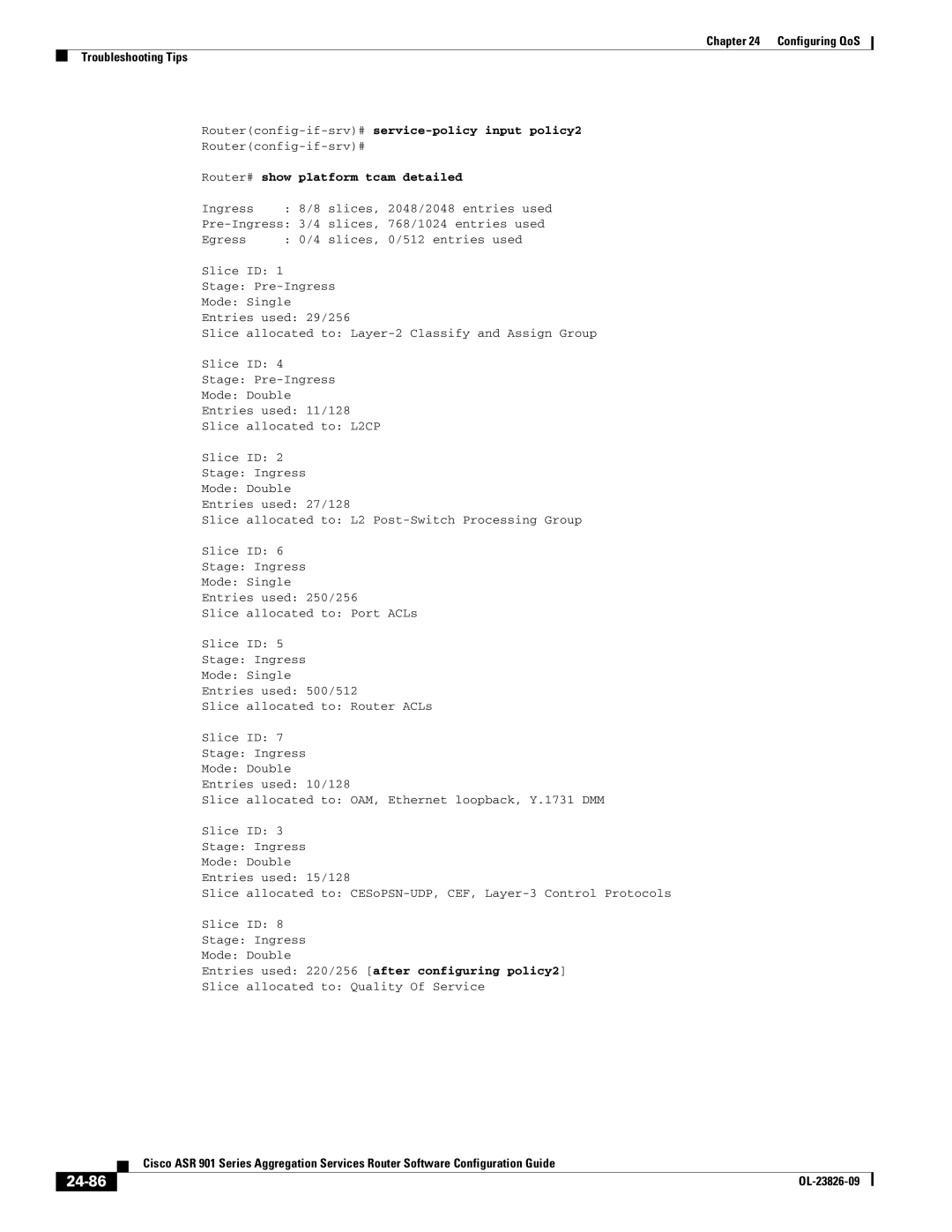 Cisco Systems A9014CFD manual 24-86, Entries used 220/256 after configuring policy2 