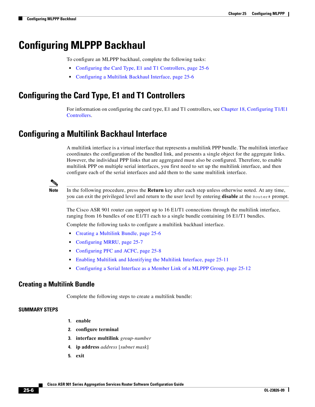 Cisco Systems A9014CFD manual Configuring Mlppp Backhaul, Configuring the Card Type, E1 and T1 Controllers, 25-6 