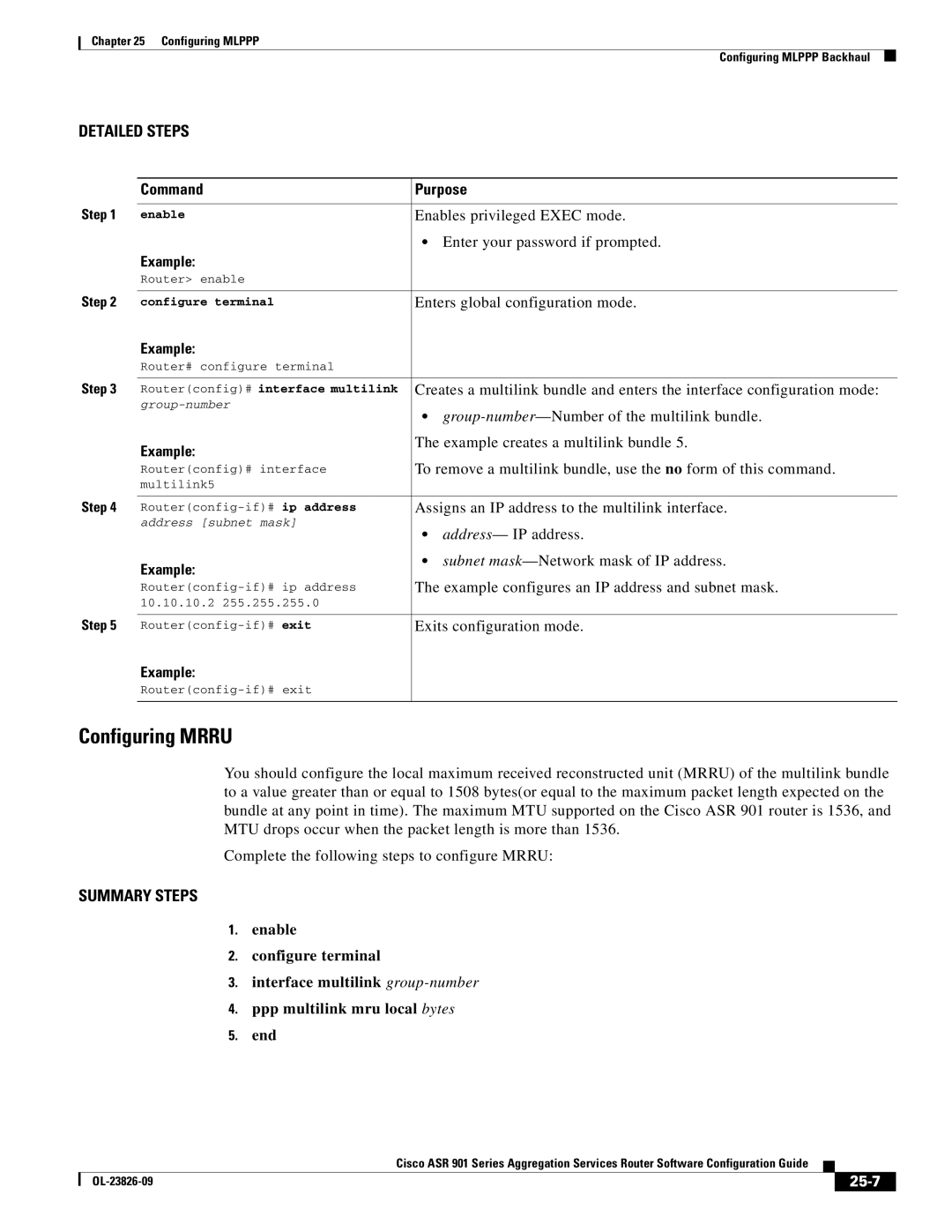 Cisco Systems A9014CFD manual Configuring Mrru, Example creates a multilink bundle, 25-7 