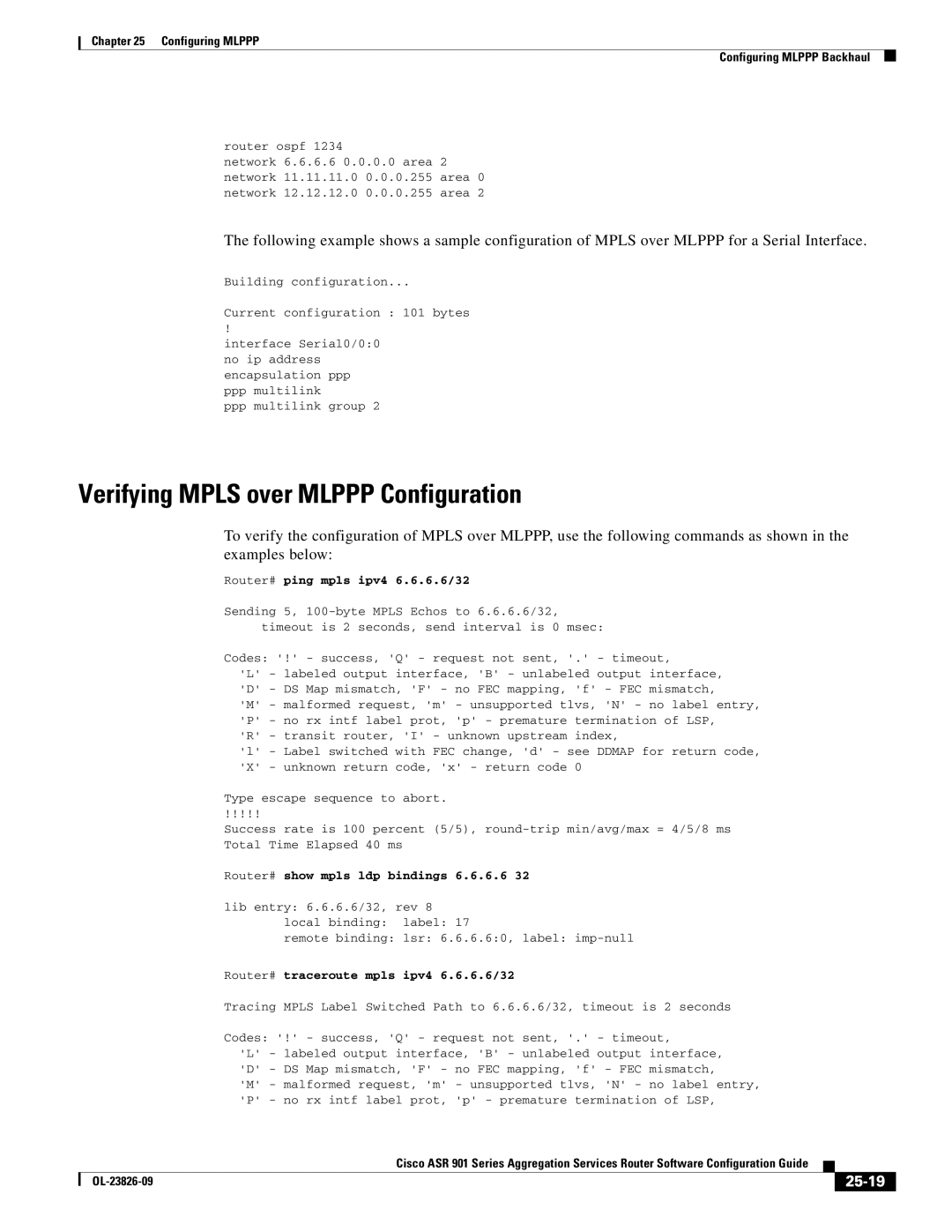 Cisco Systems A9014CFD manual Verifying Mpls over Mlppp Configuration, 25-19, Router# ping mpls ipv4 6.6.6.6/32 