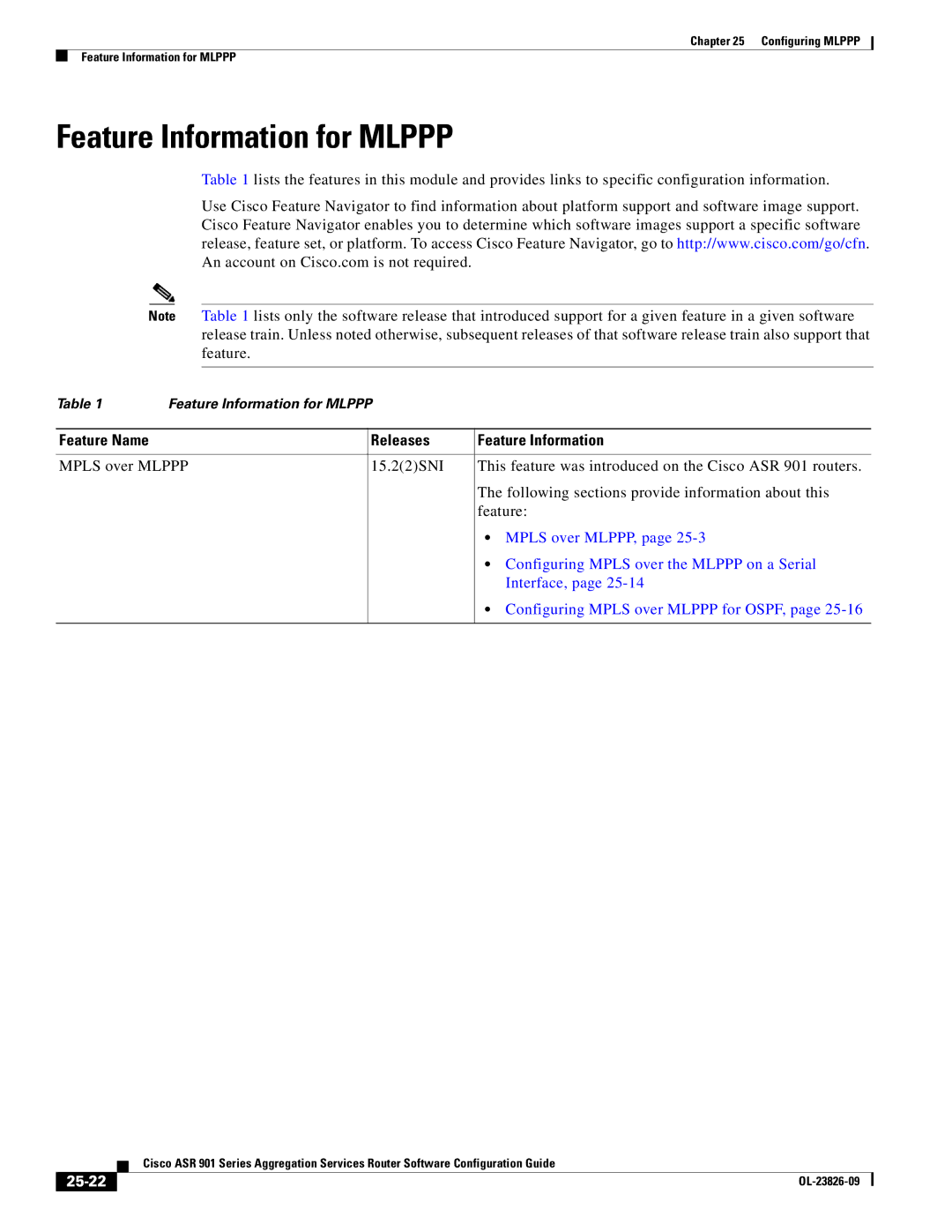 Cisco Systems A9014CFD manual Feature Information for Mlppp, 25-22 