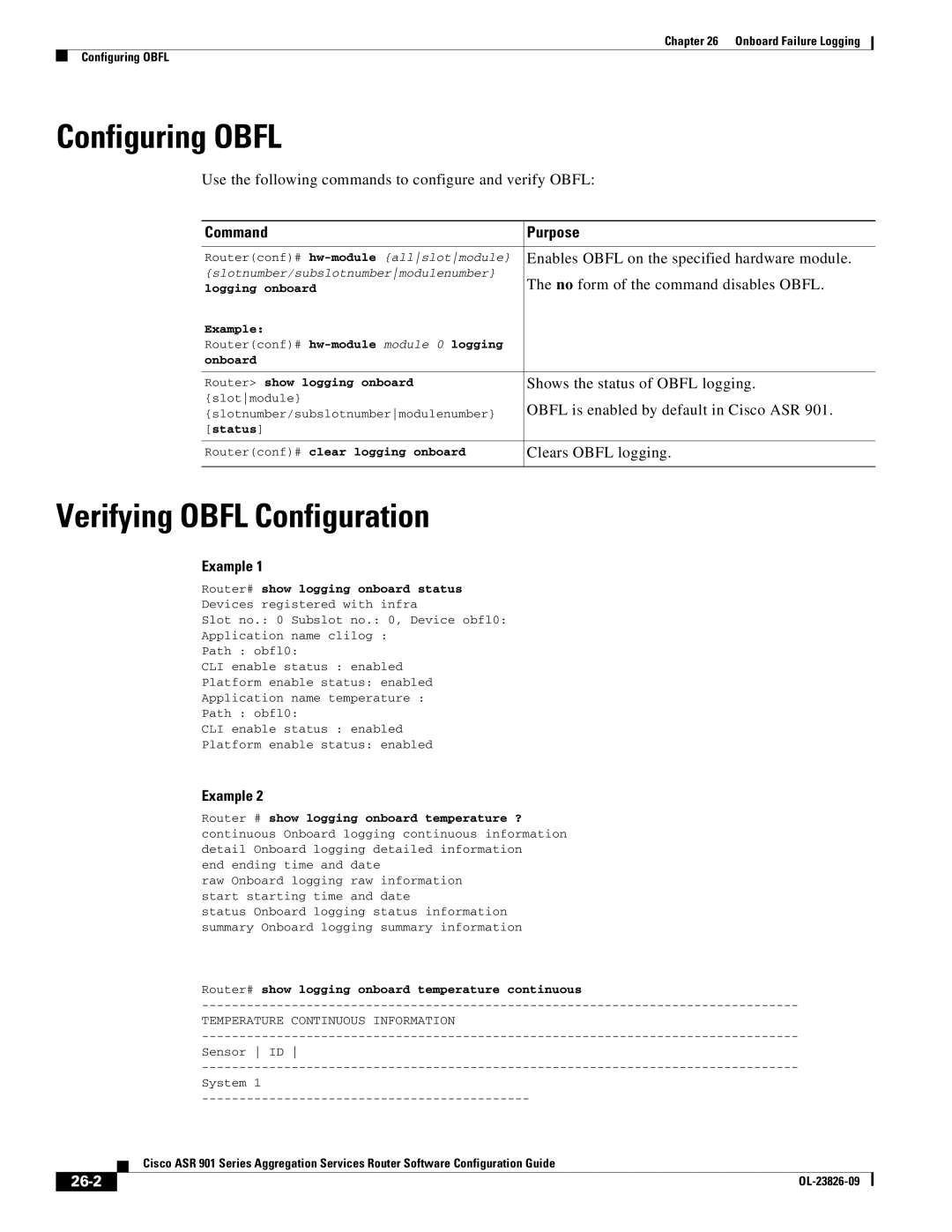 Cisco Systems A9014CFD manual Configuring Obfl, Verifying Obfl Configuration, 26-2 