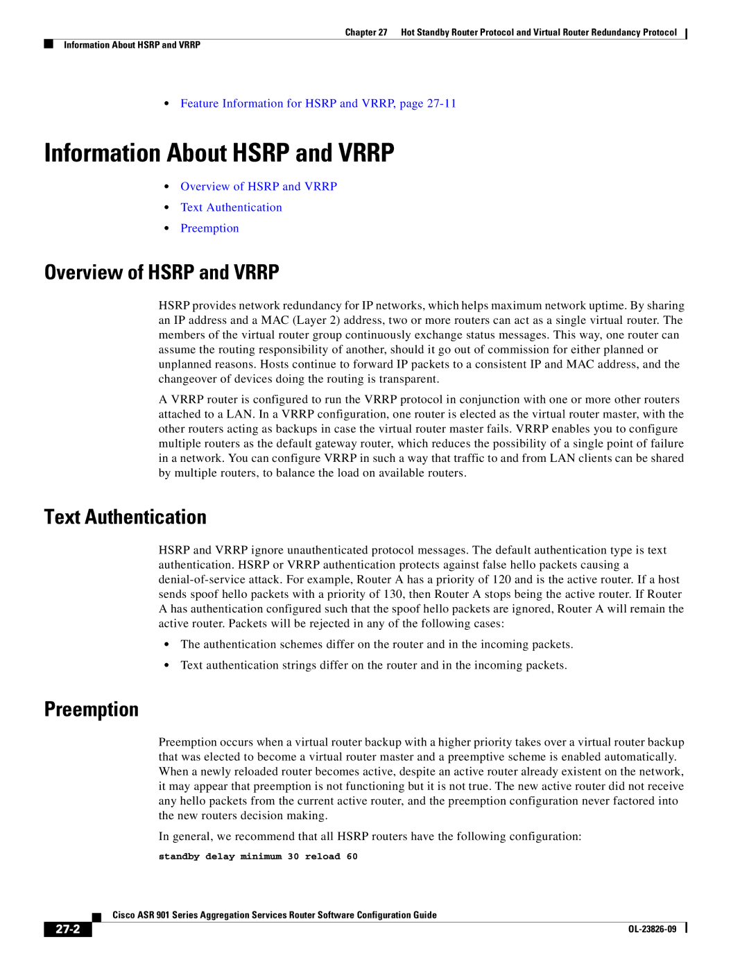 Cisco Systems A9014CFD Information About Hsrp and Vrrp, Overview of Hsrp and Vrrp, Text Authentication, Preemption, 27-2 