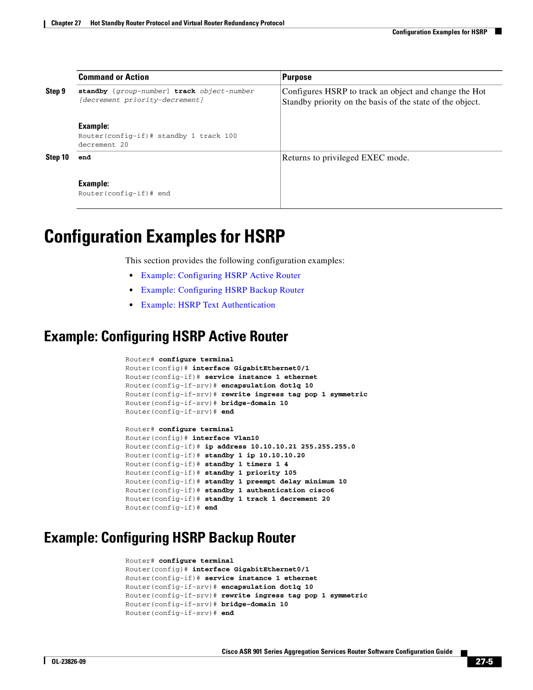 Cisco Systems A9014CFD manual Configuration Examples for Hsrp, Example Configuring Hsrp Active Router, 27-5 