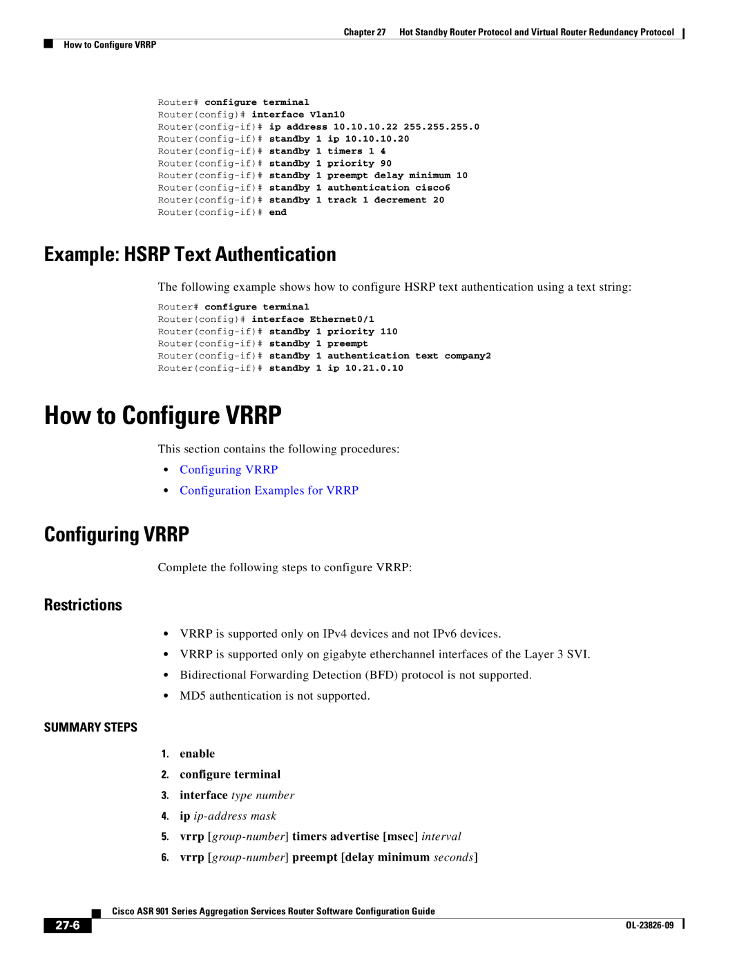 Cisco Systems A9014CFD manual How to Configure Vrrp, Example Hsrp Text Authentication, Configuring Vrrp, 27-6 