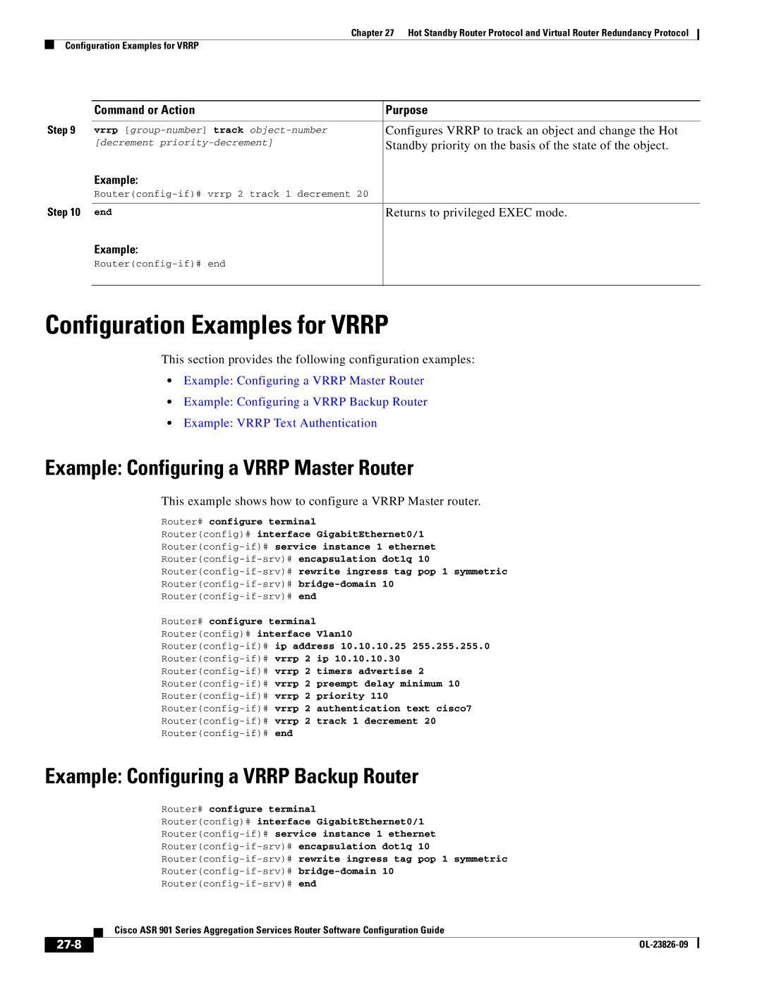 Cisco Systems A9014CFD manual Configuration Examples for Vrrp, Example Configuring a Vrrp Master Router, 27-8 