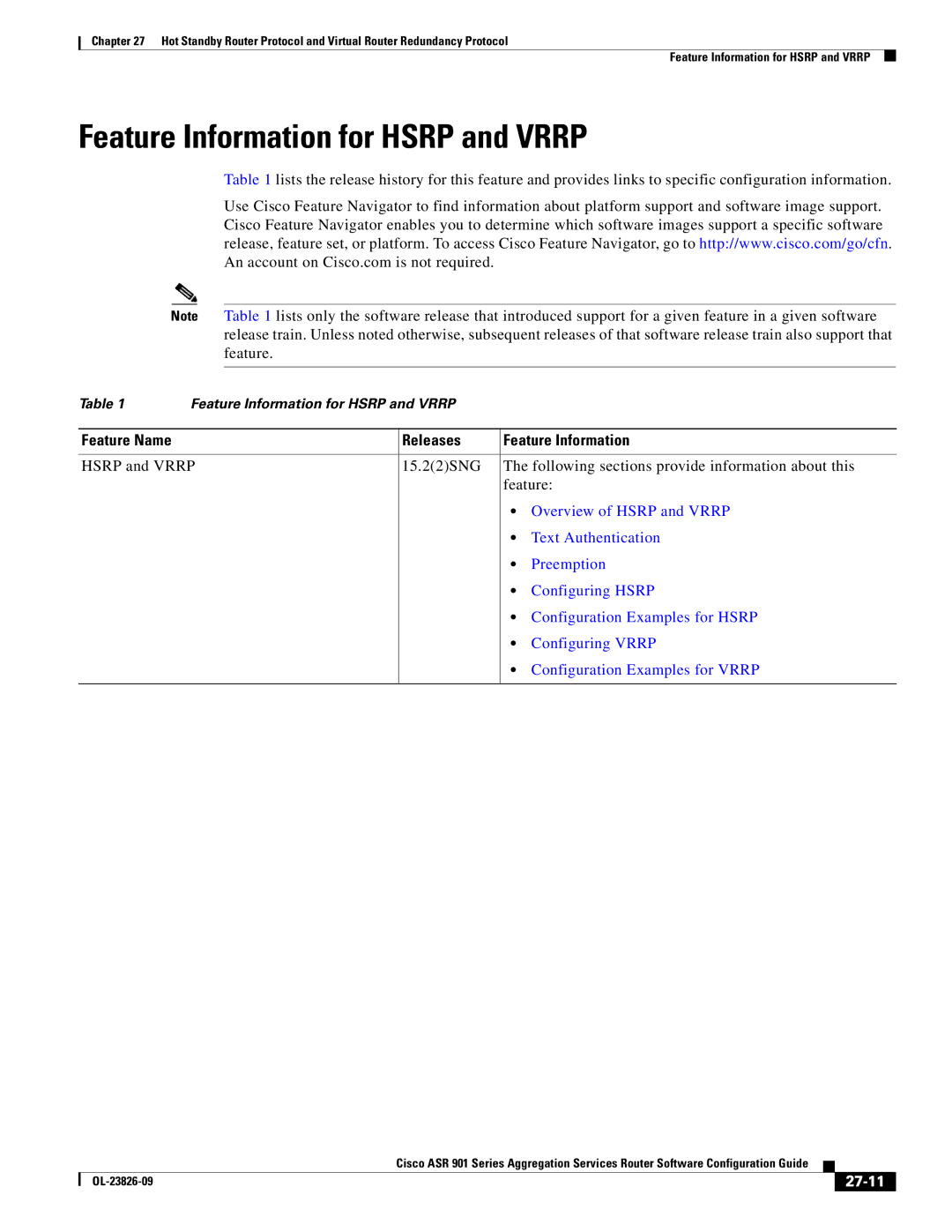 Cisco Systems A9014CFD manual Feature Information for Hsrp and Vrrp, 27-11 