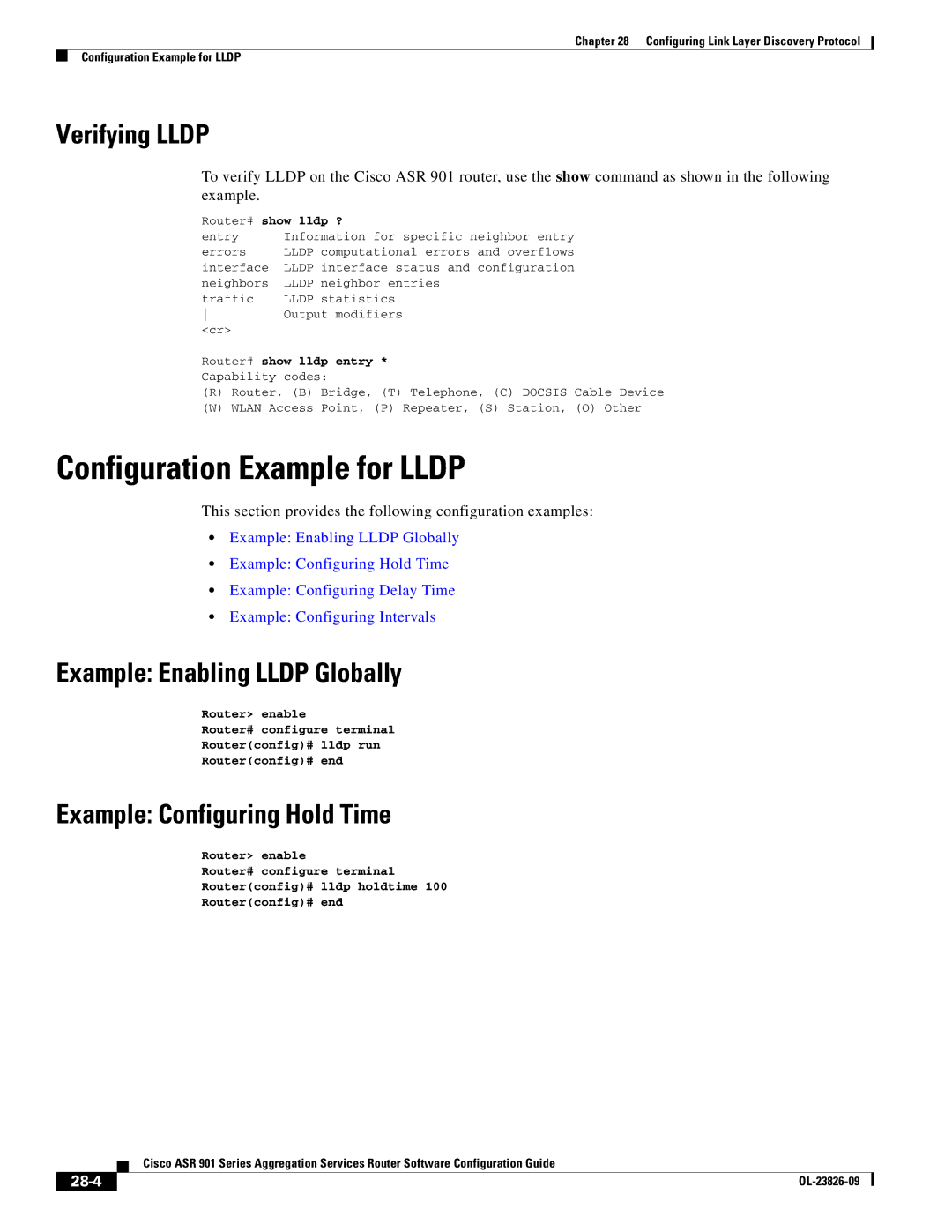 Cisco Systems A9014CFD manual Configuration Example for Lldp, Verifying Lldp, Example Enabling Lldp Globally, 28-4 