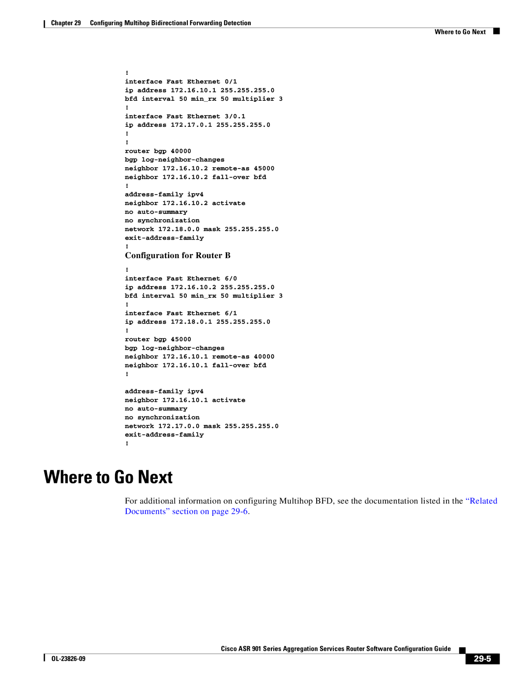 Cisco Systems A9014CFD manual Configuration for Router B, 29-5, Interface Fast Ethernet 0/1, Interface Fast Ethernet 6/0 