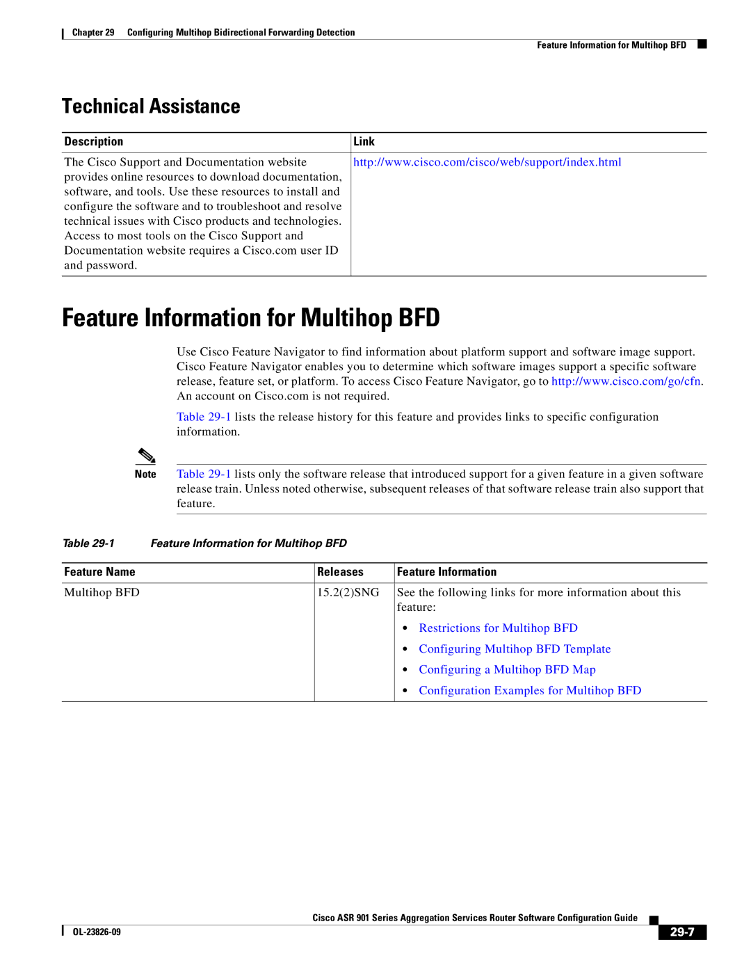 Cisco Systems A9014CFD manual Feature Information for Multihop BFD, 29-7 