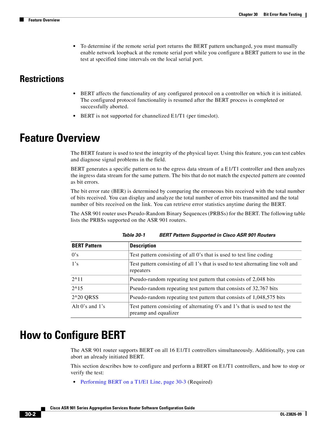 Cisco Systems A9014CFD manual How to Configure Bert, Bert Pattern Description, 30-2 