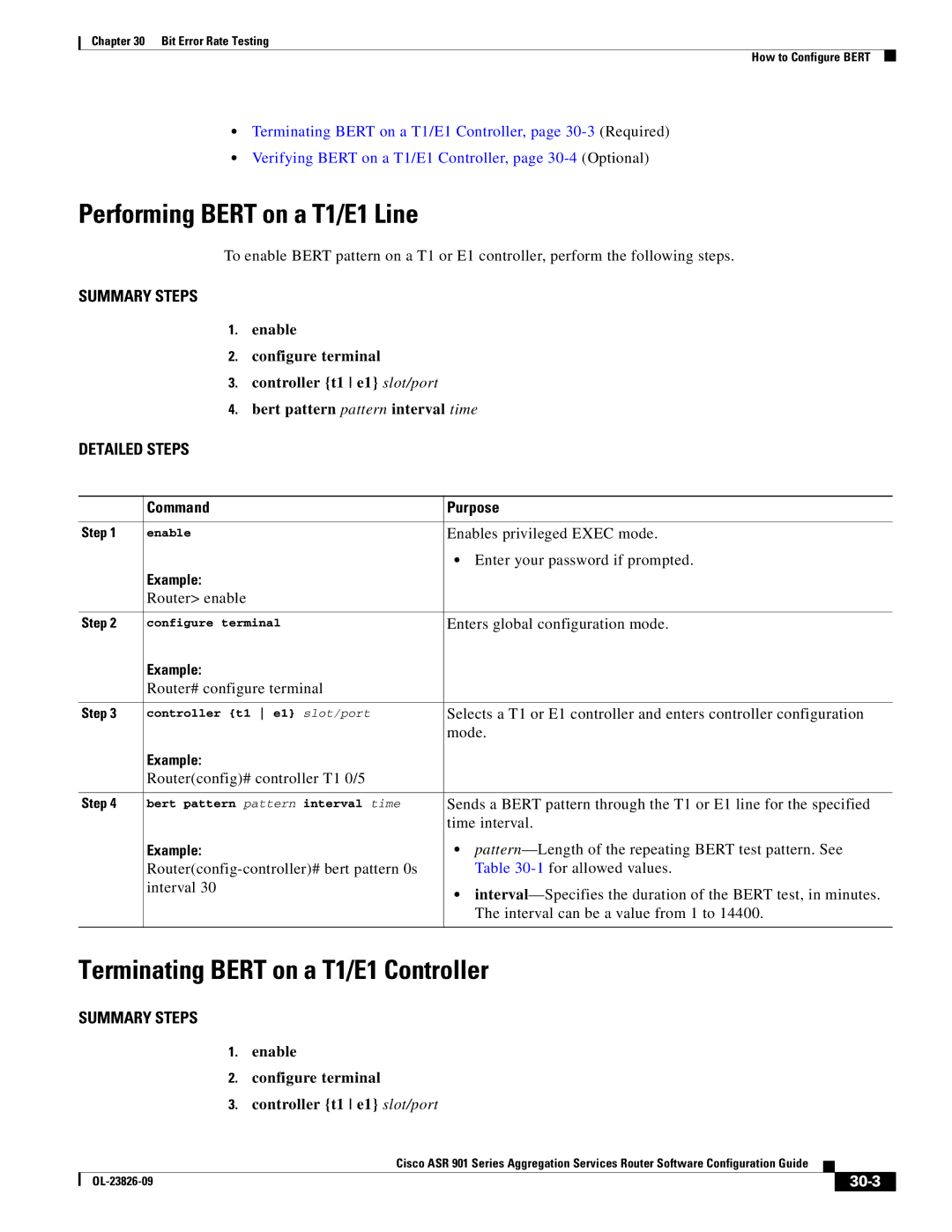 Cisco Systems A9014CFD manual Performing Bert on a T1/E1 Line, Terminating Bert on a T1/E1 Controller, 30-3 