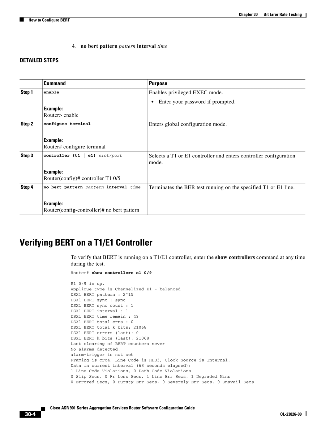 Cisco Systems A9014CFD manual Verifying Bert on a T1/E1 Controller, No bert pattern pattern interval time, 30-4, E1 0/9 