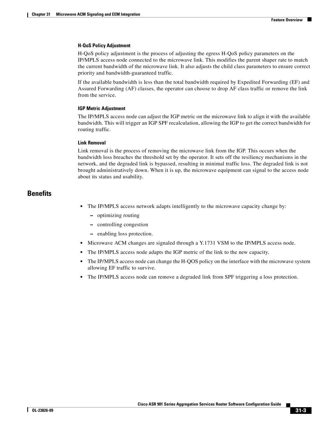 Cisco Systems A9014CFD manual Benefits, QoS Policy Adjustment, IGP Metric Adjustment, Link Removal, 31-3 