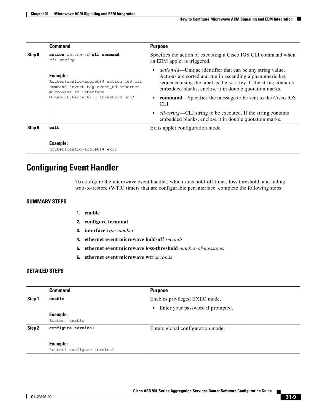 Cisco Systems A9014CFD manual Configuring Event Handler, An EEM applet is triggered, Exits applet configuration mode, 31-9 