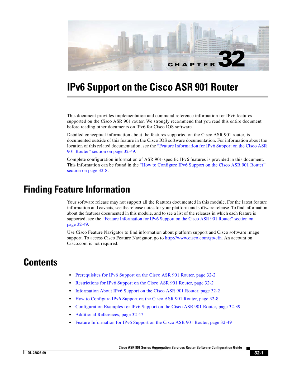 Cisco Systems A9014CFD manual IPv6 Support on the Cisco ASR 901 Router, 32-1 