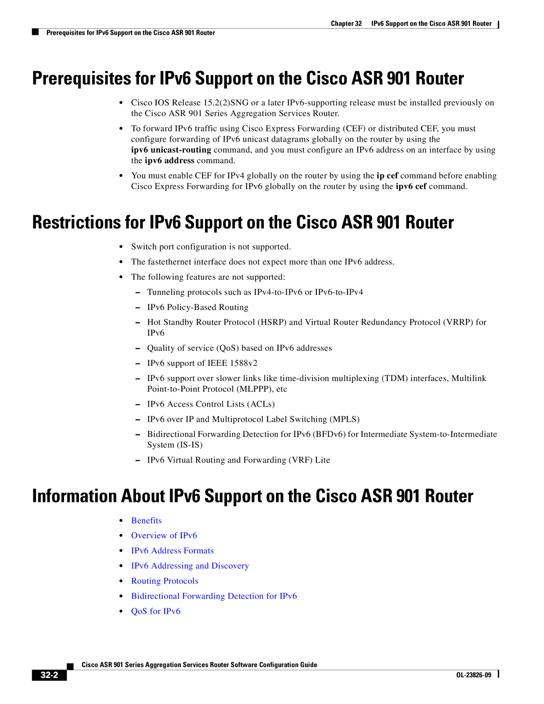 Cisco Systems A9014CFD manual Prerequisites for IPv6 Support on the Cisco ASR 901 Router, 32-2 