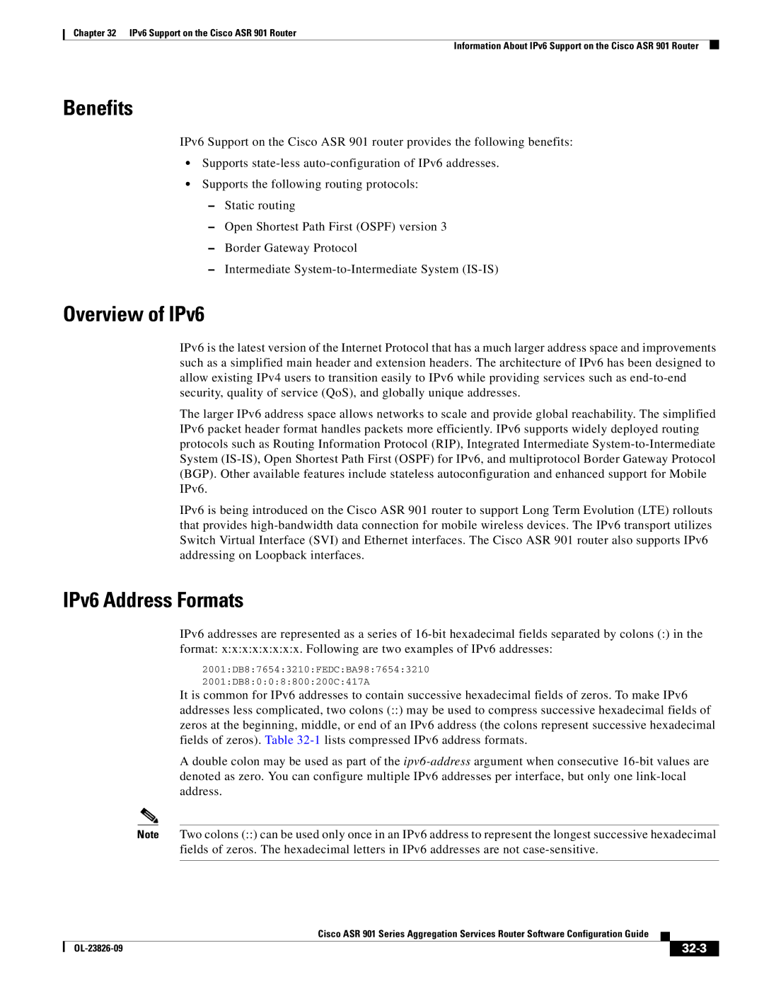 Cisco Systems A9014CFD manual Benefits, Overview of IPv6, IPv6 Address Formats, 32-3 