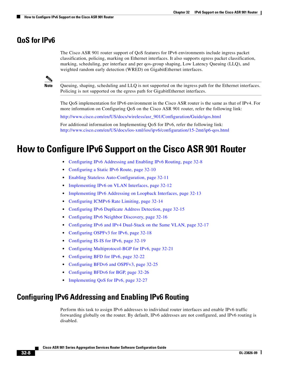 Cisco Systems A9014CFD manual QoS for IPv6, Configuring IPv6 Addressing and Enabling IPv6 Routing, 32-8 