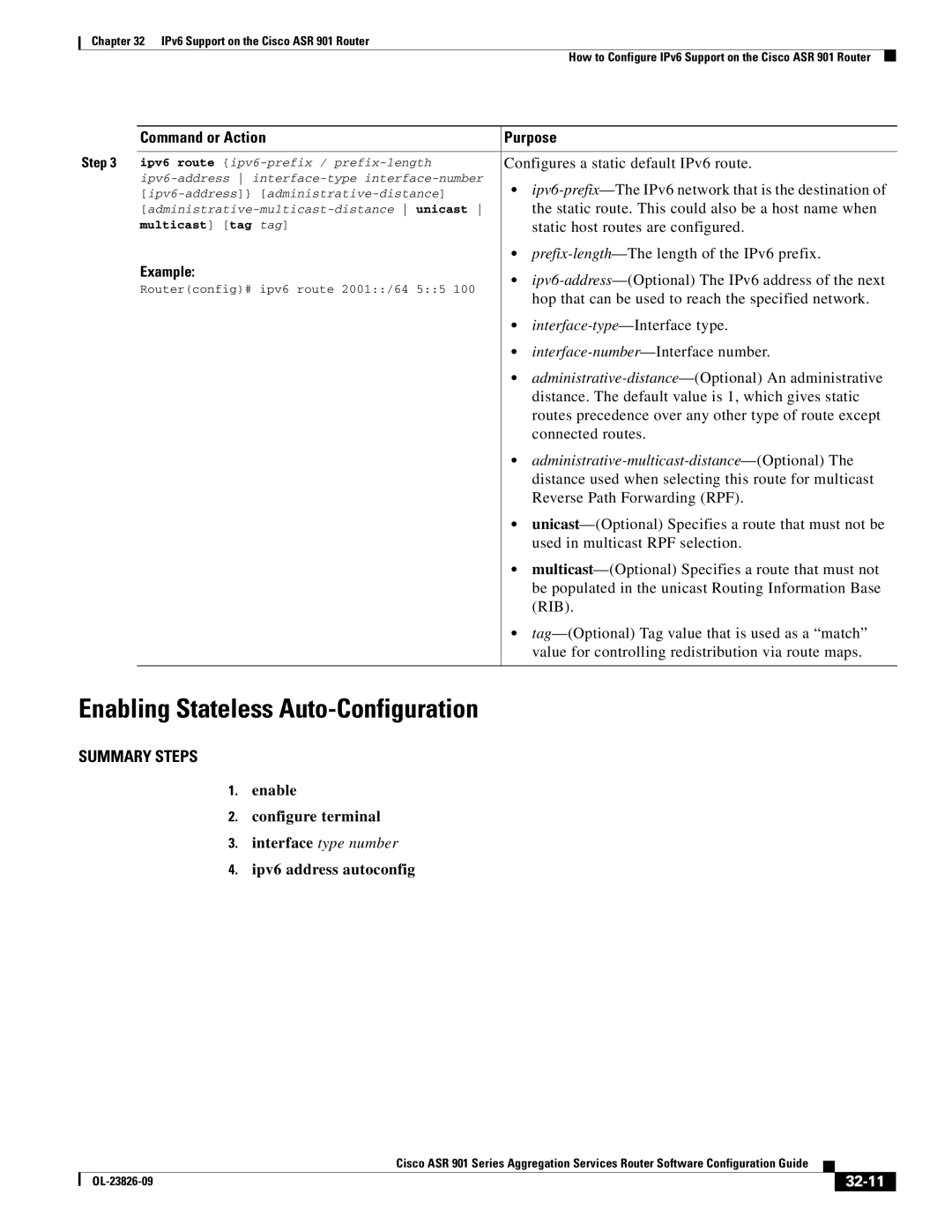 Cisco Systems A9014CFD manual Enabling Stateless Auto-Configuration, Administrative-multicast-distance -Optional, 32-11 