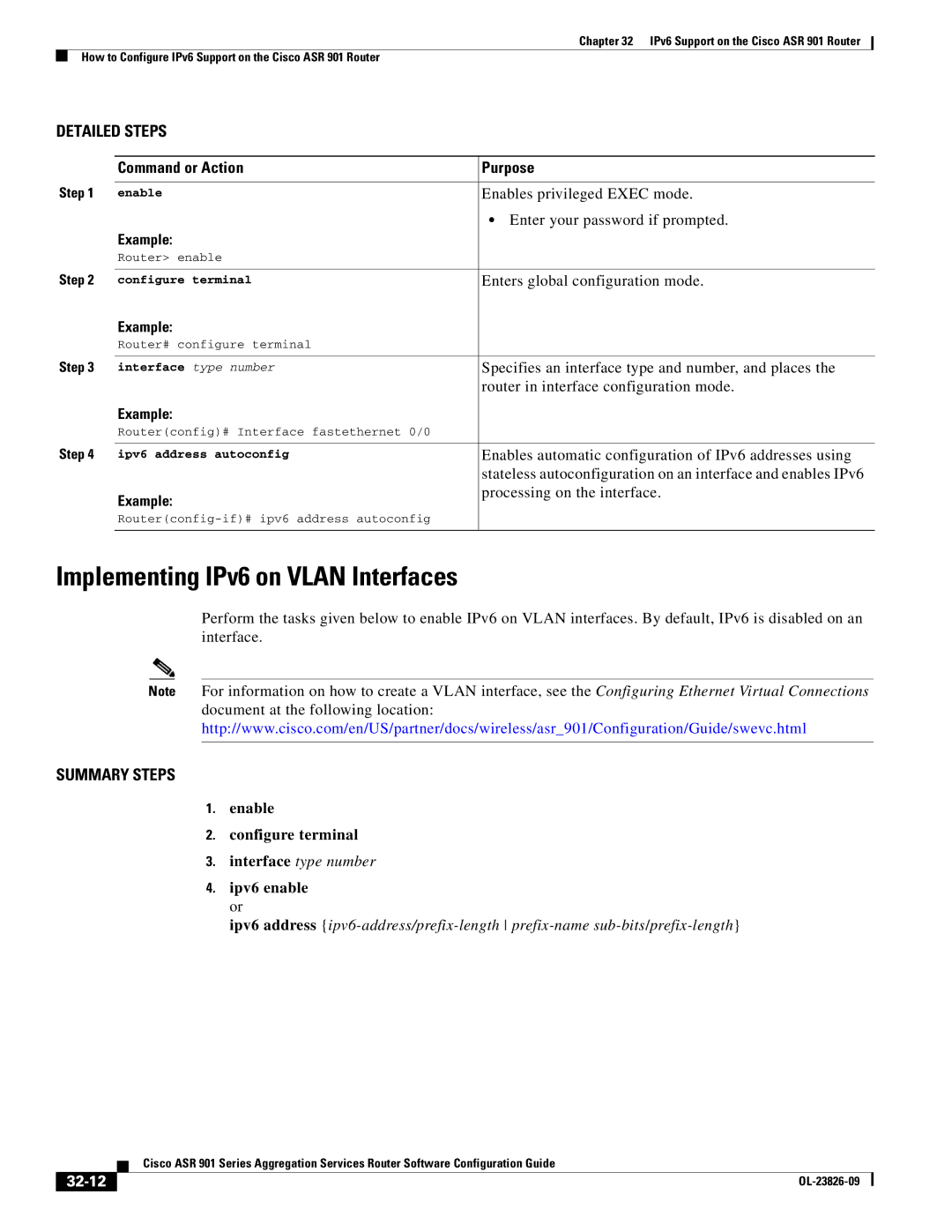 Cisco Systems A9014CFD manual Implementing IPv6 on Vlan Interfaces, Ipv6 enable or, 32-12 