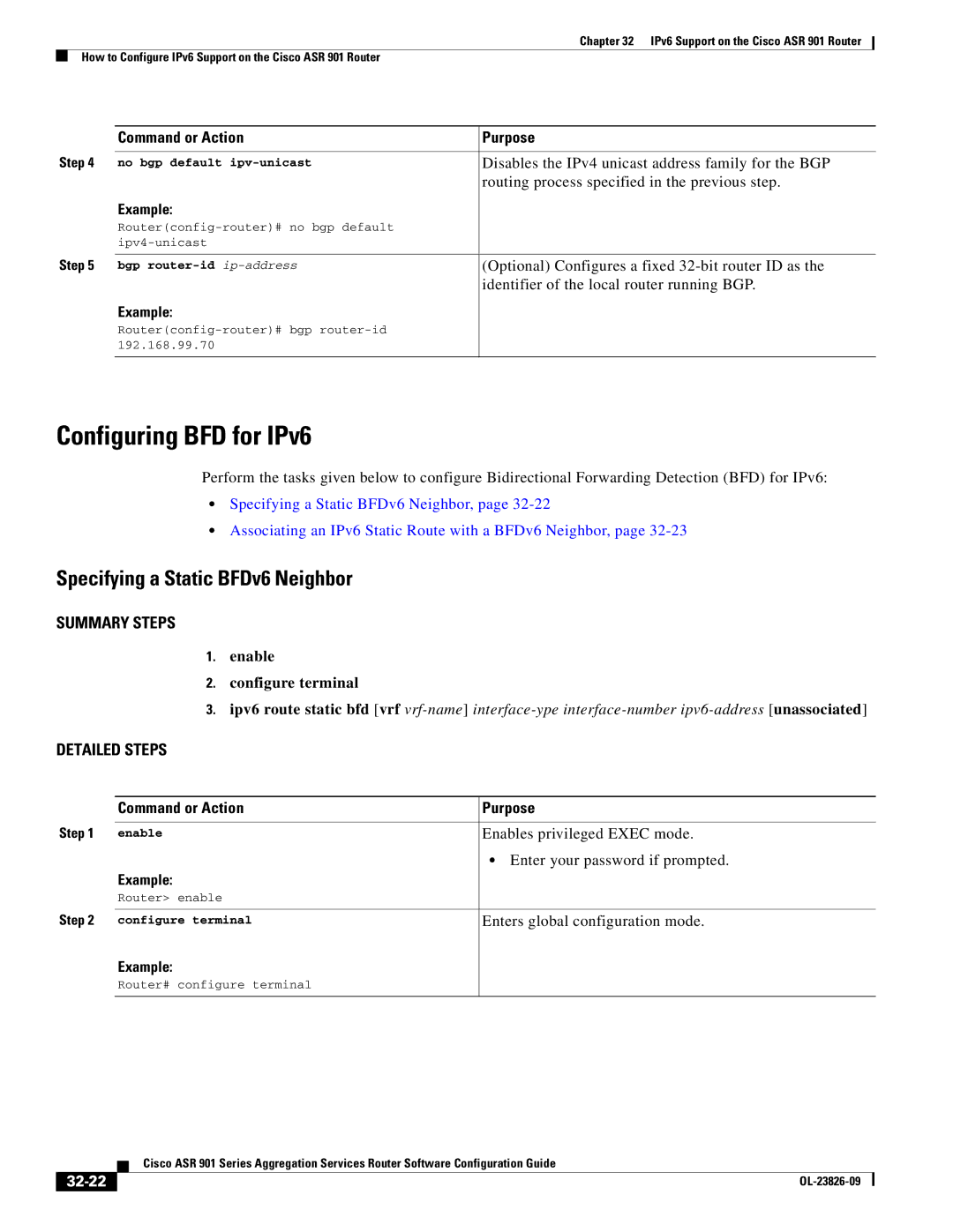 Cisco Systems A9014CFD manual Configuring BFD for IPv6, Specifying a Static BFDv6 Neighbor, 32-22 