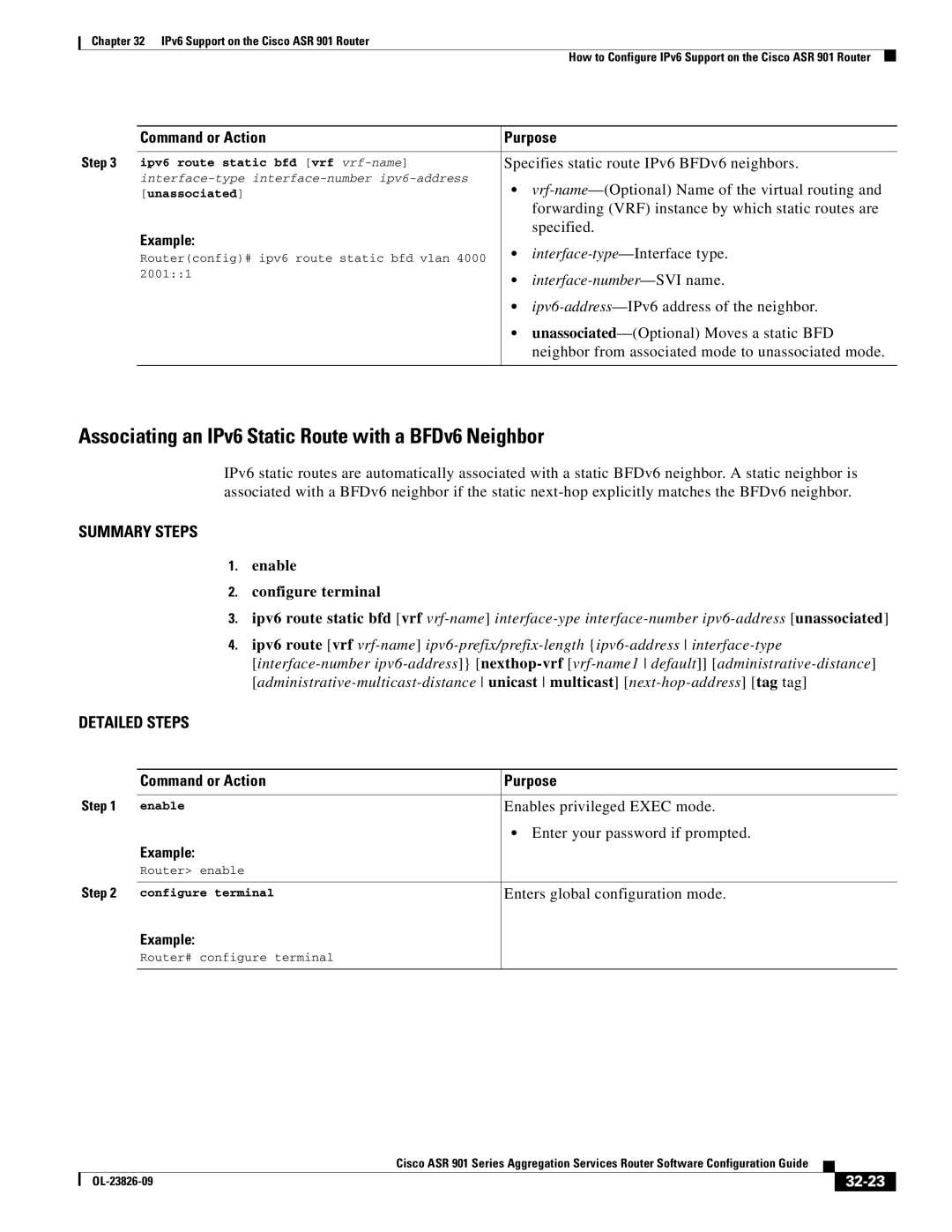 Cisco Systems A9014CFD manual Associating an IPv6 Static Route with a BFDv6 Neighbor, Interface-number -SVI name, 32-23 