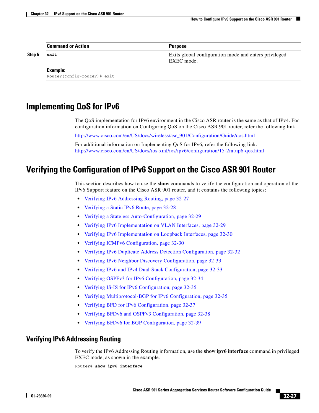 Cisco Systems A9014CFD manual Implementing QoS for IPv6, Verifying IPv6 Addressing Routing, Exec mode, 32-27 