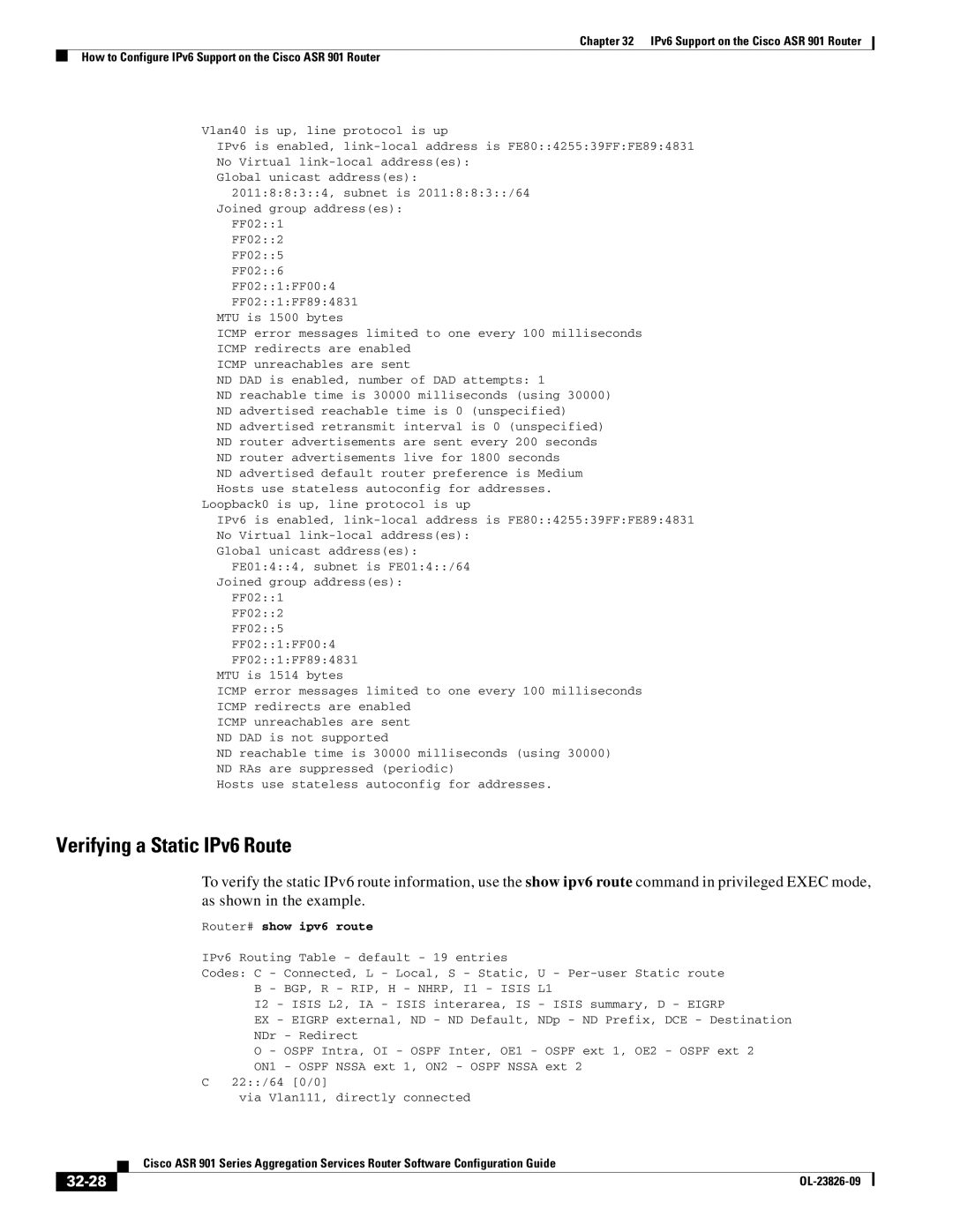 Cisco Systems A9014CFD manual Verifying a Static IPv6 Route, 32-28, Router# show ipv6 route 