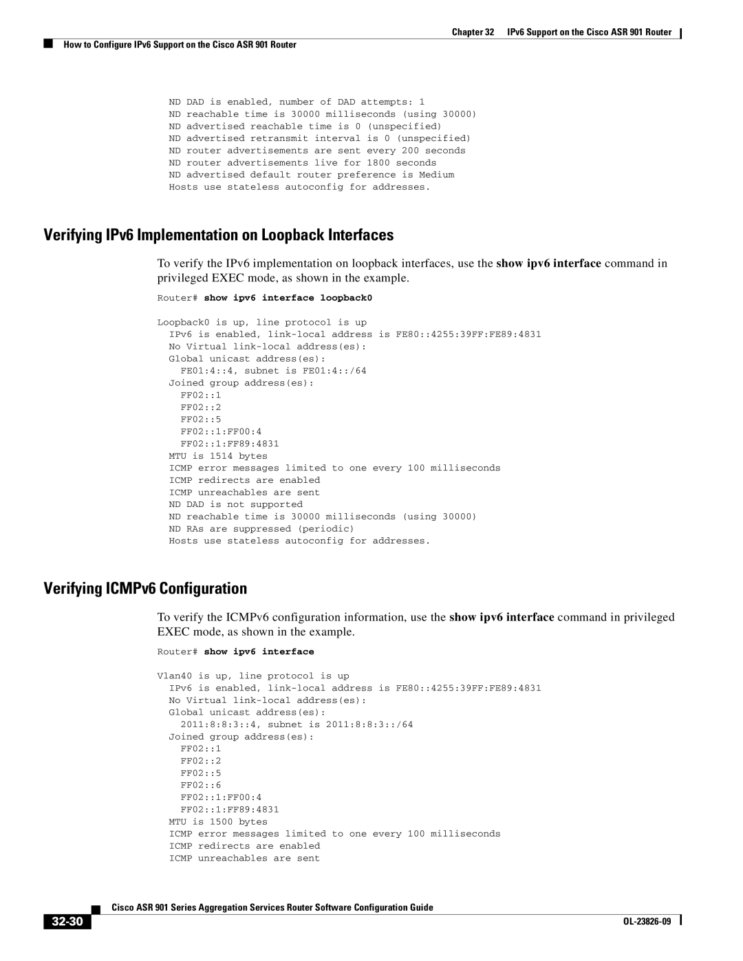 Cisco Systems A9014CFD manual Verifying IPv6 Implementation on Loopback Interfaces, Verifying ICMPv6 Configuration, 32-30 