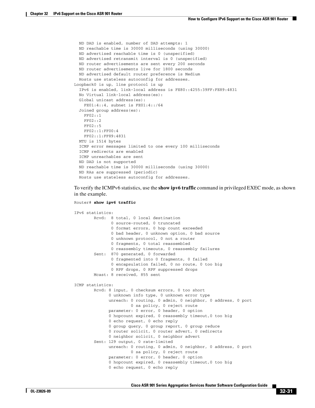 Cisco Systems A9014CFD manual 32-31, Router# show ipv6 traffic 