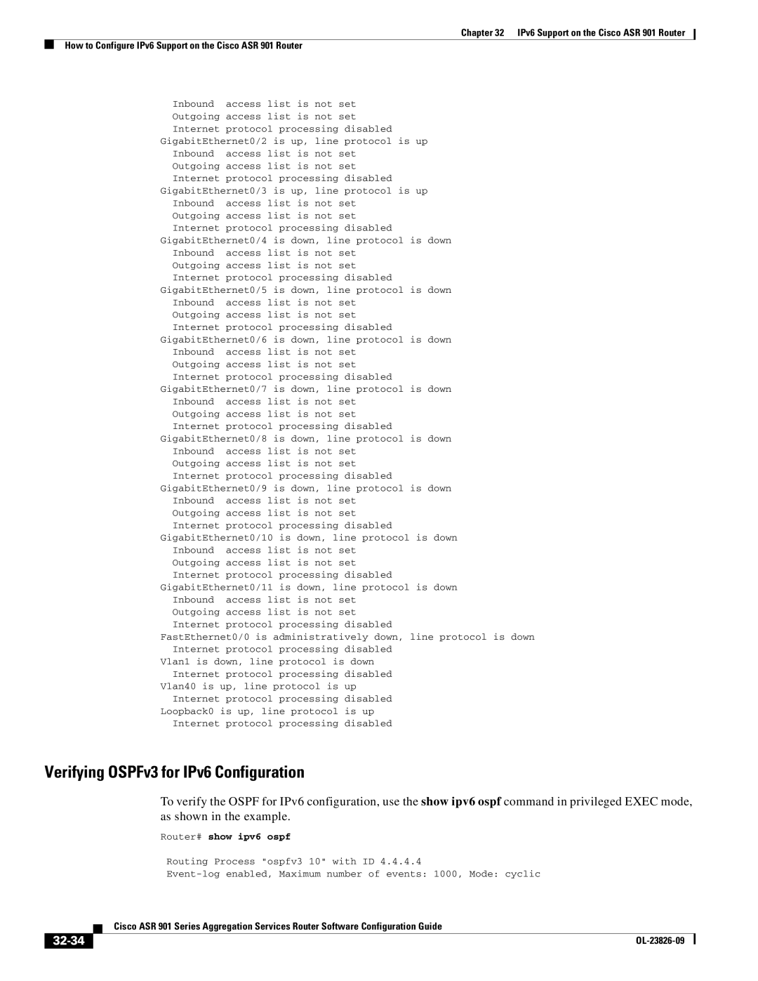 Cisco Systems A9014CFD Verifying OSPFv3 for IPv6 Configuration, As shown in the example, 32-34, Router# show ipv6 ospf 